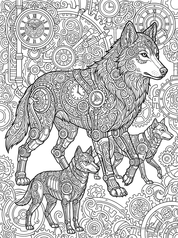 Wolf mit mechanischem Rudel - Kostenloses Ausmalbild zum Ausdrucken