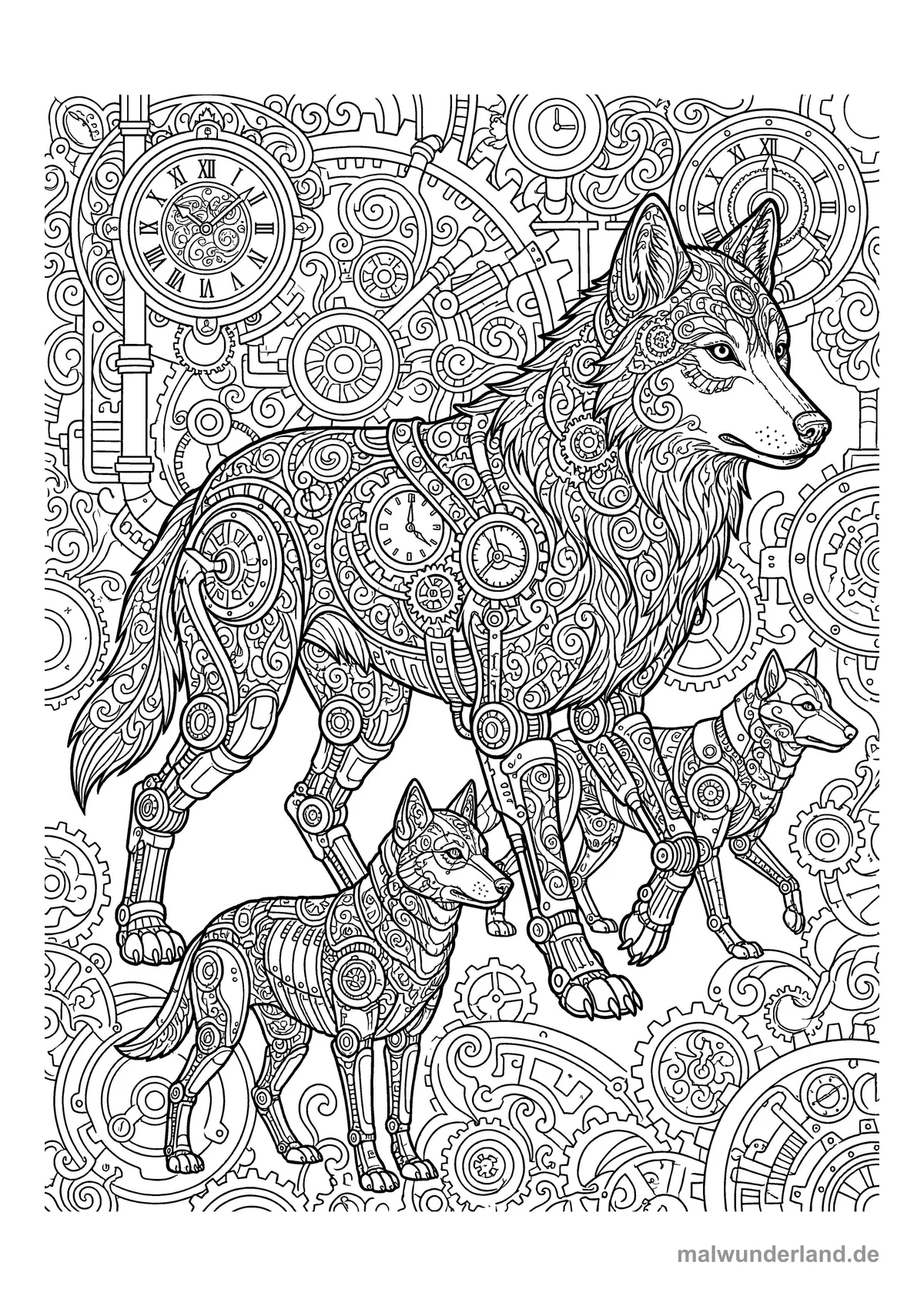 Wolf mit mechanischem Rudel – Druckvorschau auf A4