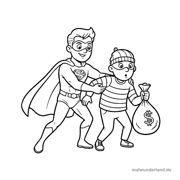Superheld fängt Dieb - Kostenloses Ausmalbild zum Ausdrucken