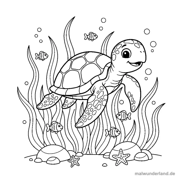 Schildkröte im Seegras - Kostenloses Ausmalbild zum Ausdrucken