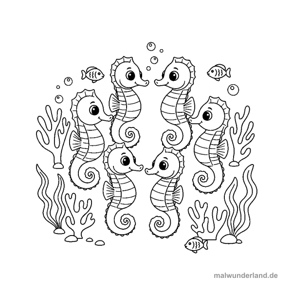 Seepferdchen-Familie - Kostenloses Ausmalbild zum Ausdrucken