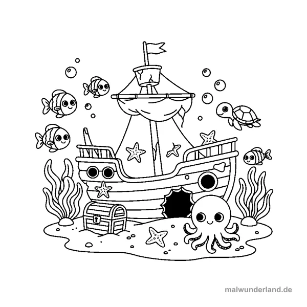 Unterwasser-Schiffswrack - Kostenloses Ausmalbild zum Ausdrucken