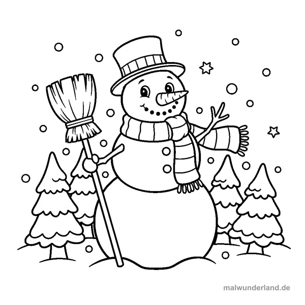 Schneemann im Garten - Kostenloses Ausmalbild zum Ausdrucken