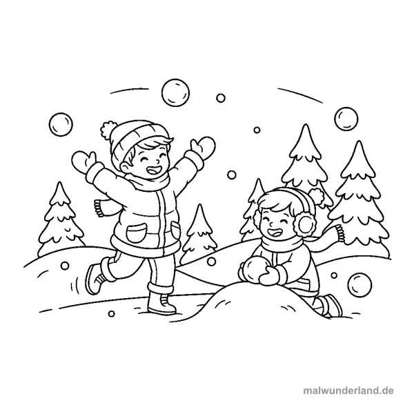 Schneeballschlacht - Kostenloses Ausmalbild zum Ausdrucken