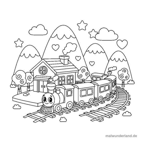 Bahnhof im Gebirge - Kostenloses Ausmalbild zum Ausdrucken