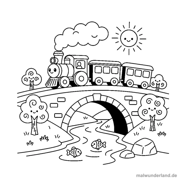 Eisenbahnbrücke über einen Fluss - Kostenloses Ausmalbild zum Ausdrucken
