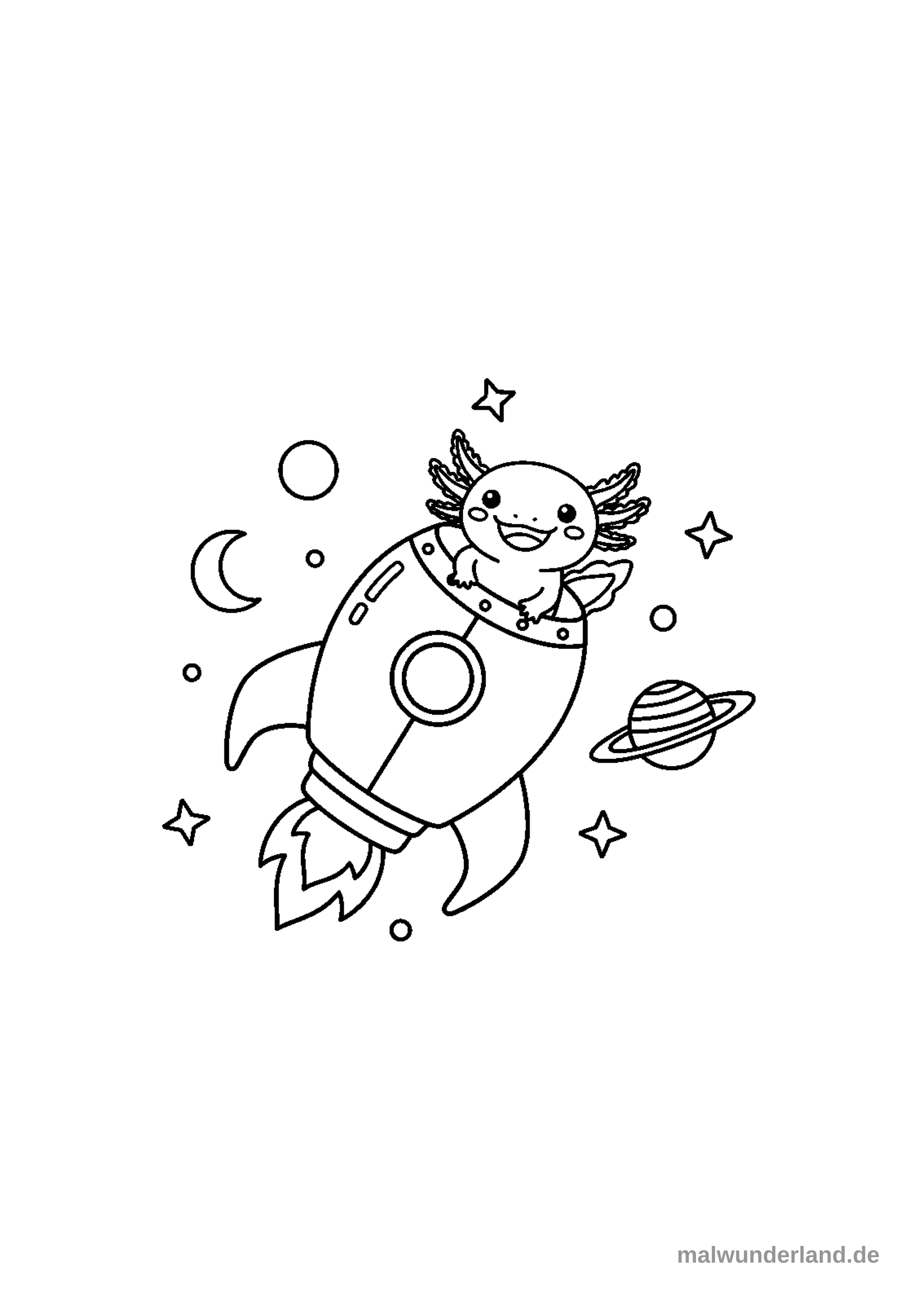 Das Ausmalbild zeigt einen lächelnden Axolotl-Astronauten in einer Rakete, der durch den Weltraum fliegt. Um ihn herum sind verschiedene Himmelskörper wie Sterne, Monde und Planeten zu sehen.