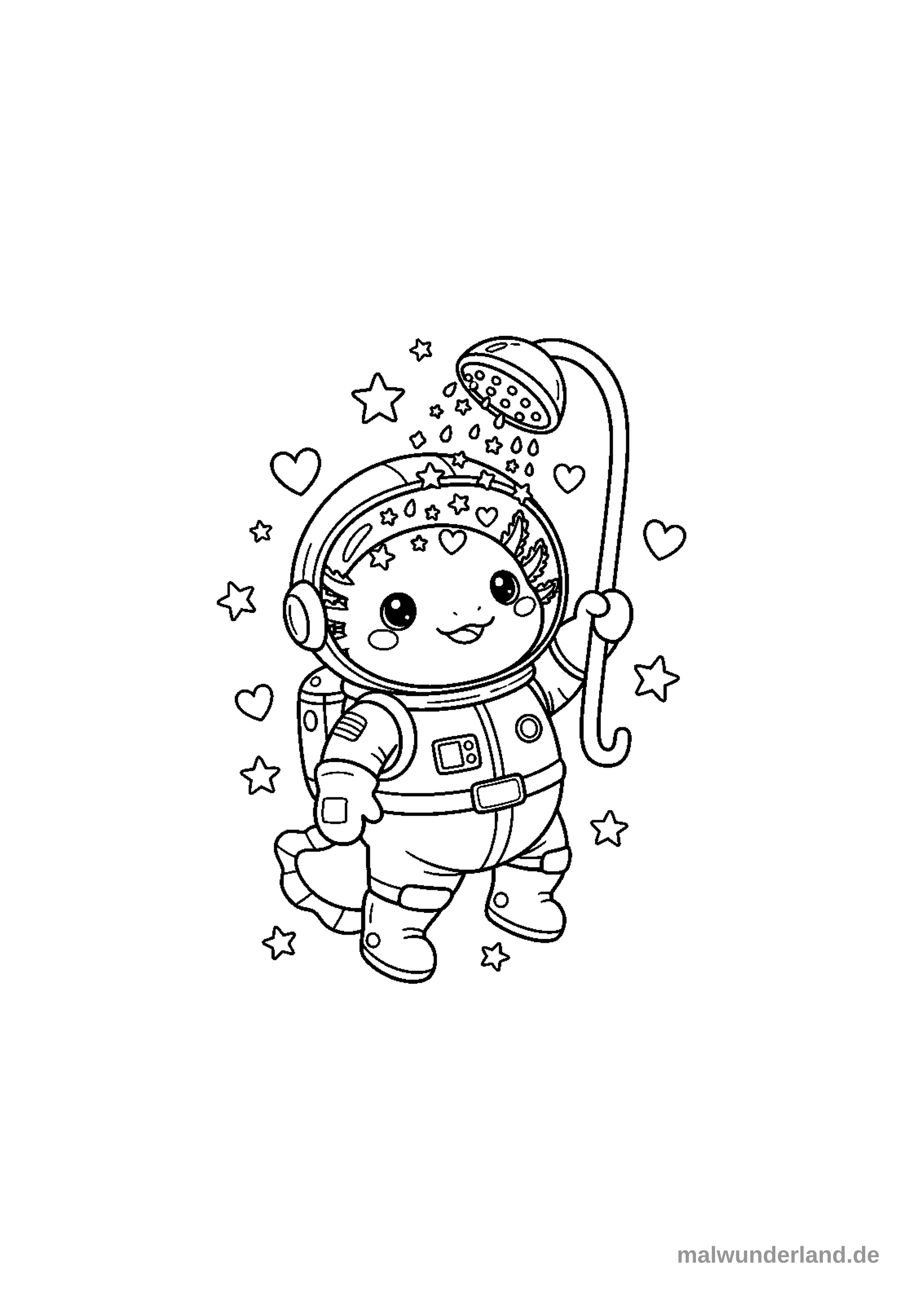 Ein niedliches Axolotl in einem Astronautenanzug hält einen Duschkopf, aus dem Sterne und Herzen fallen. Um das lächelnde Axolotl herum schweben weitere Sterne und Herzen.