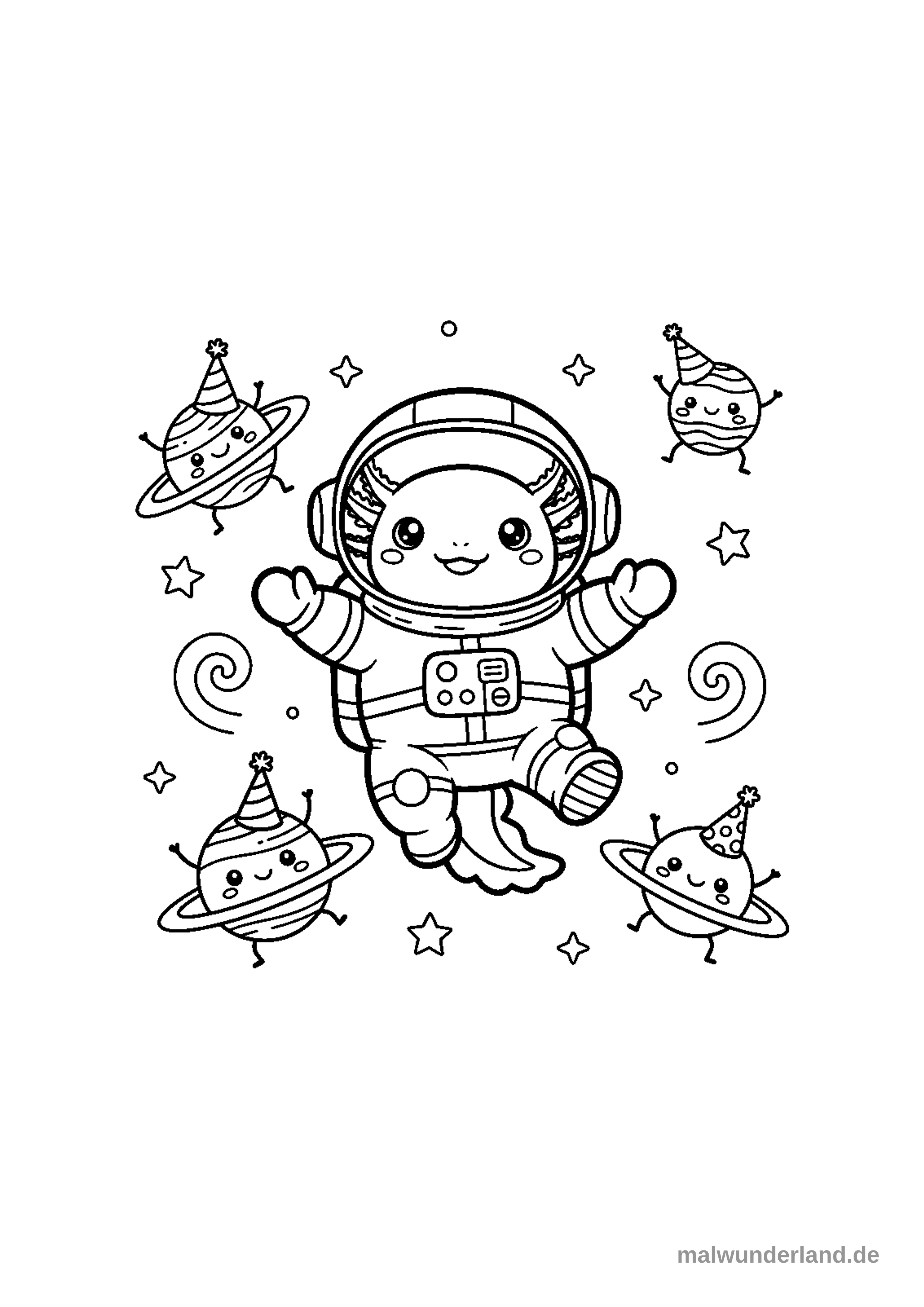 Ein niedliches Axolotl in einem Astronautenanzug schwebt fröhlich in der Mitte des Bildes. Es ist umgeben von vier tanzenden, lächelnden Planeten mit Ringen und Partyhüten, sowie vielen kleinen Sternen und dekorativen Wirbeln.