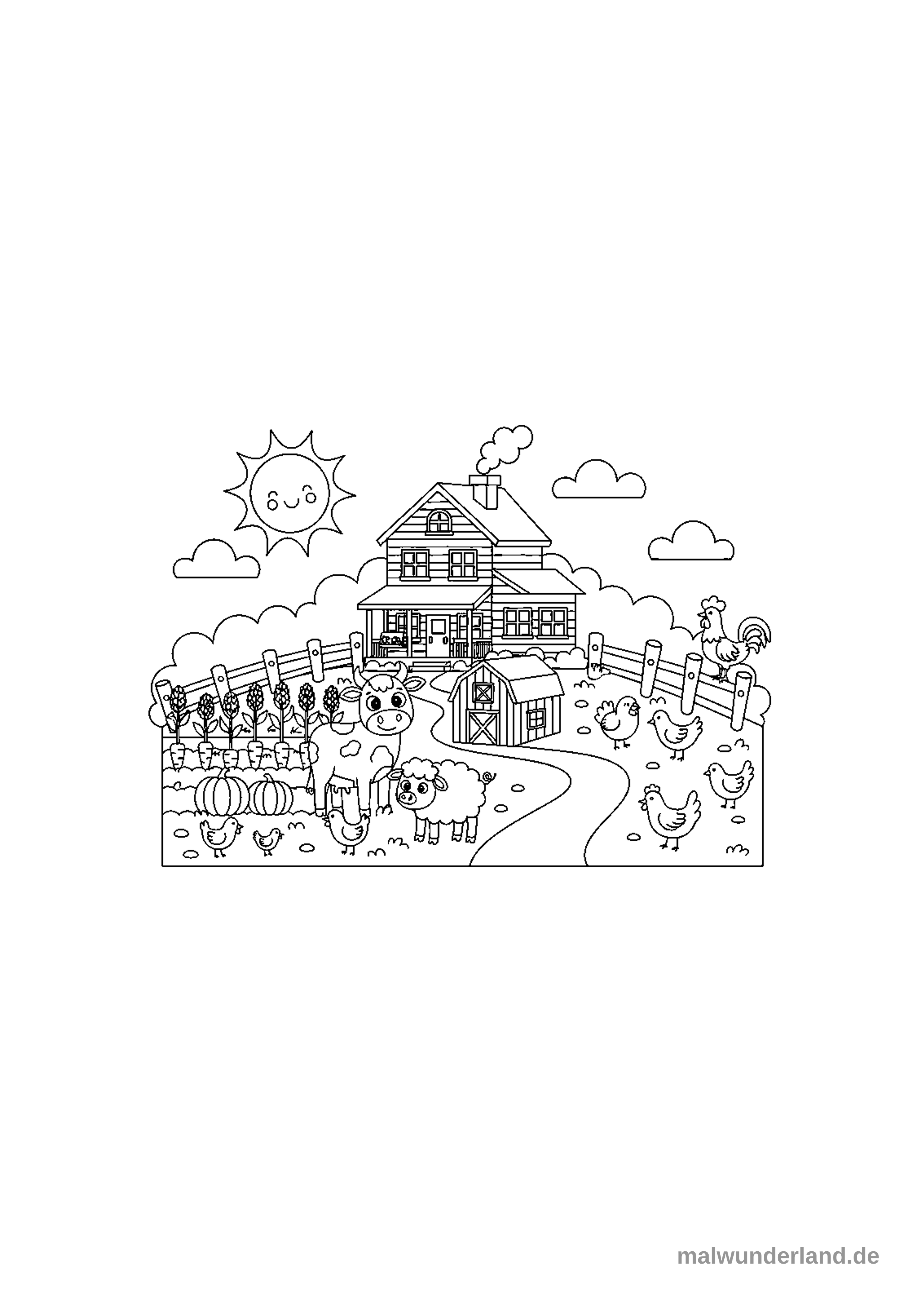 Das Ausmalbild zeigt eine idyllische Bauernhofszene mit einem großen Bauernhaus, einem eingezäunten Gemüsegarten und vielen Tieren. Eine lächelnde Sonne scheint auf eine Kuh, ein Schaf, zahlreiche Hühner und einen Hahn, die den Hof beleben.
