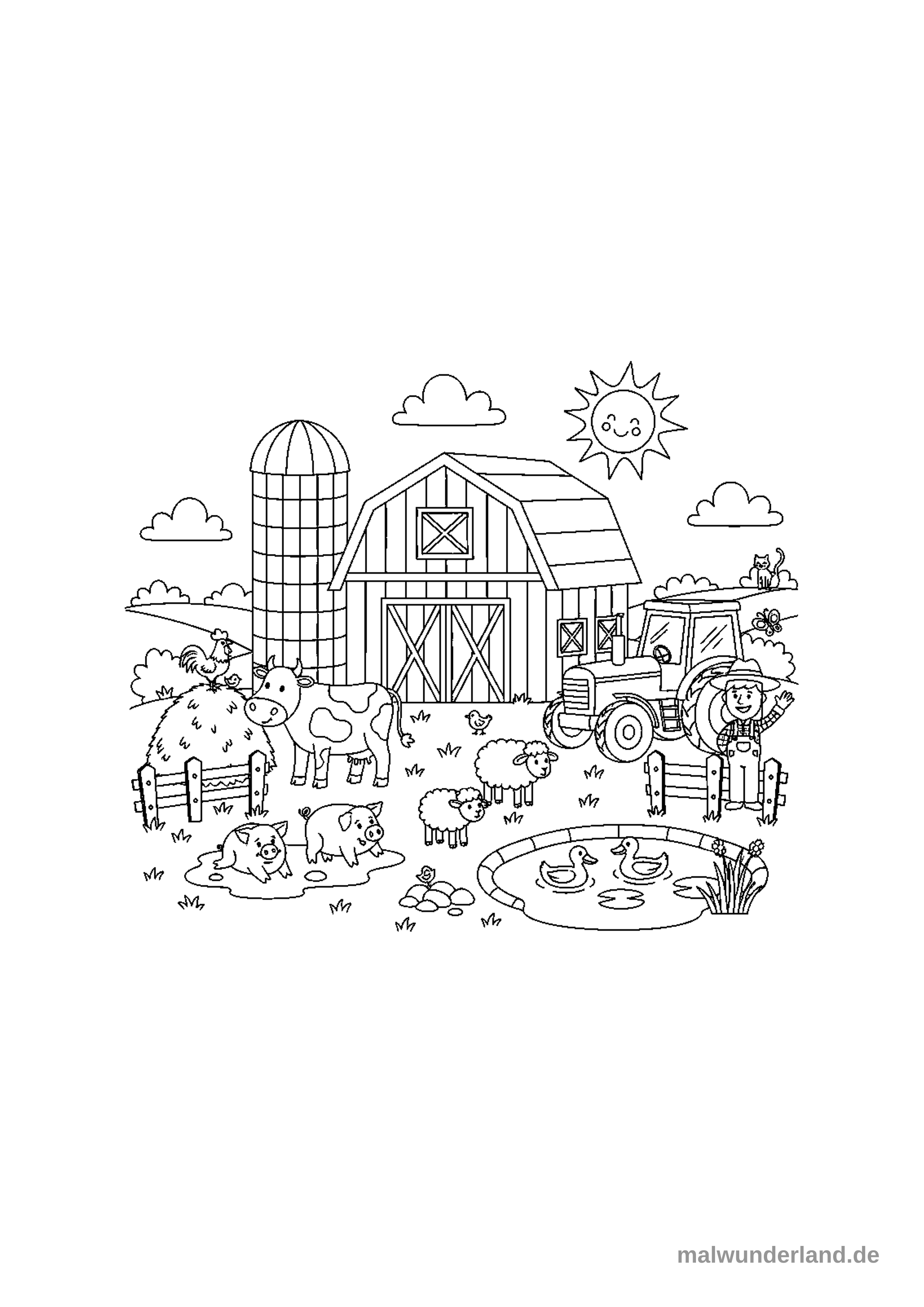 Das Ausmalbild zeigt eine detaillierte und fröhliche Bauernhof-Szene mit einer großen Scheune, einem Silo und einem Traktor. Zahlreiche Bauernhoftiere wie Kühe, Schweine, Schafe, Enten und Hühner beleben das Bild, zusammen mit einem winkenden Bauern unter einer lachenden Sonne.