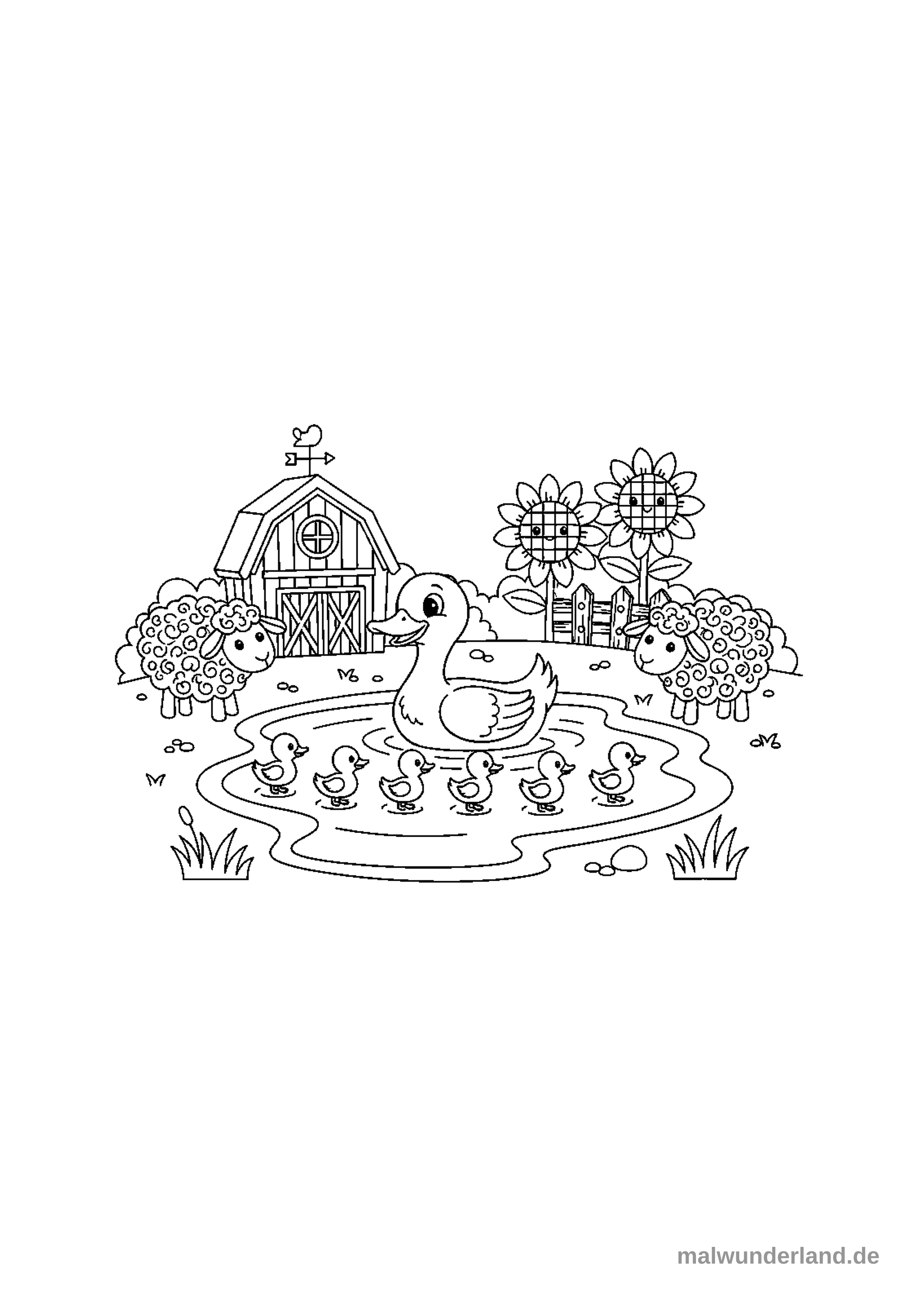 Ein Ausmalbild zeigt eine Entenfamilie, bestehend aus einer Mutterente und sechs kleinen Küken, die friedlich in einem Teich schwimmen. Im Hintergrund sind eine klassische Scheune, zwei lächelnde Sonnenblumen, ein kleiner Zaun und zwei flauschige Schafe auf einer Wiese zu sehen.