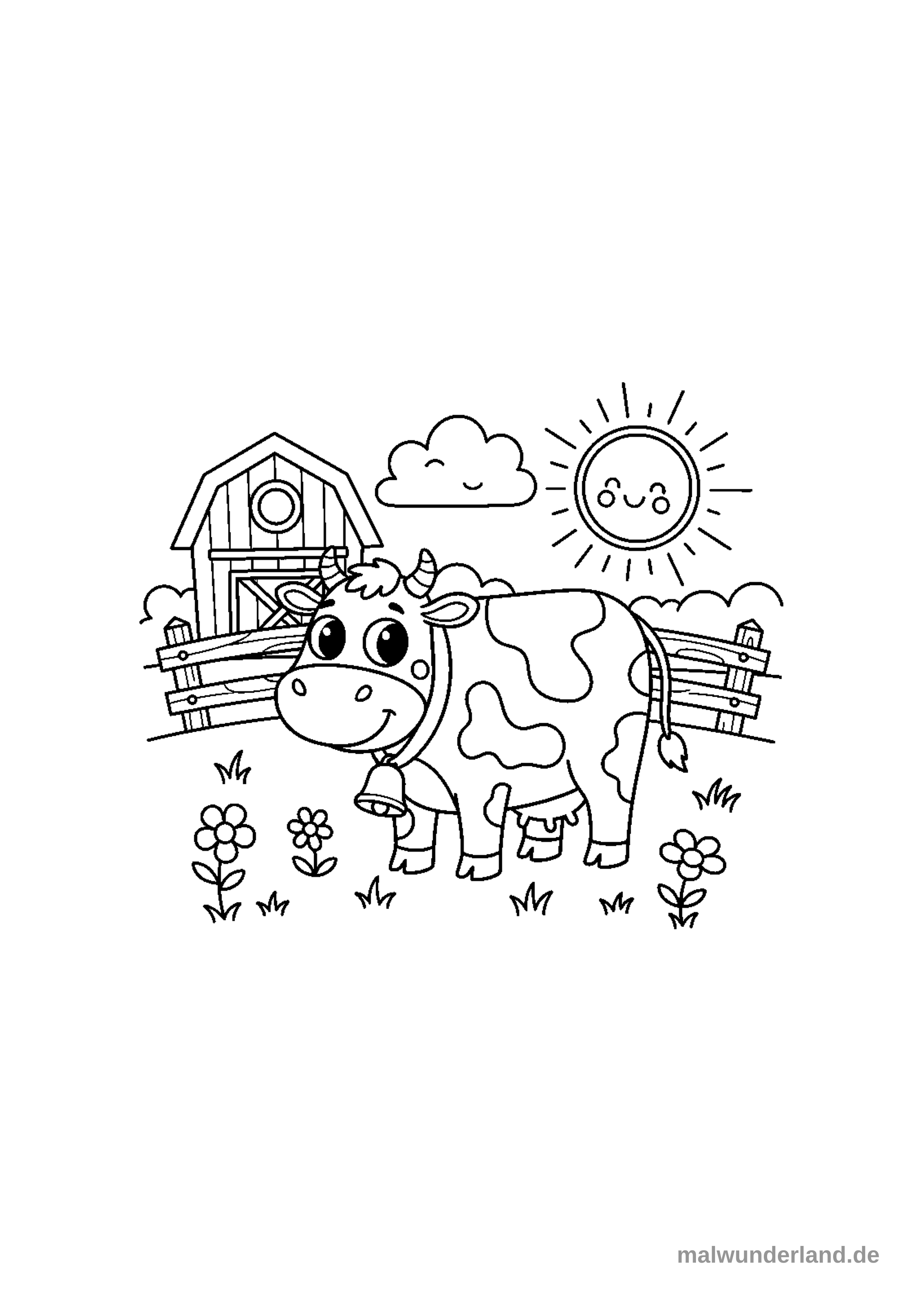 Das Ausmalbild zeigt eine freundliche Kuh mit Flecken und einer Glocke auf einer Wiese. Im Hintergrund sind ein Bauernhaus, ein Holzzaun, eine lächelnde Wolke und eine strahlende Sonne mit Gesicht zu sehen.