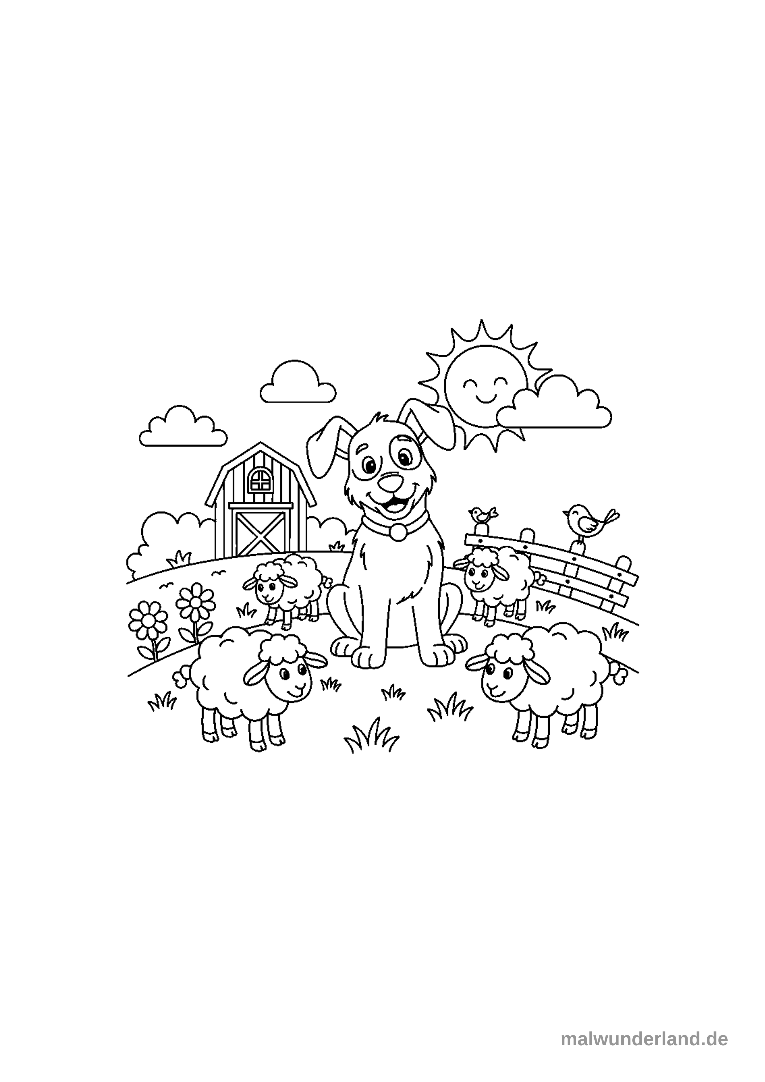 Das Ausmalbild zeigt eine ländliche Szene mit einem fröhlichen Hund, der inmitten von drei Schafen sitzt. Im Hintergrund sind eine Scheune, ein Zaun mit zwei Vögeln, grüne Hügel, Blumen, Wolken und eine lächelnde Sonne zu sehen.