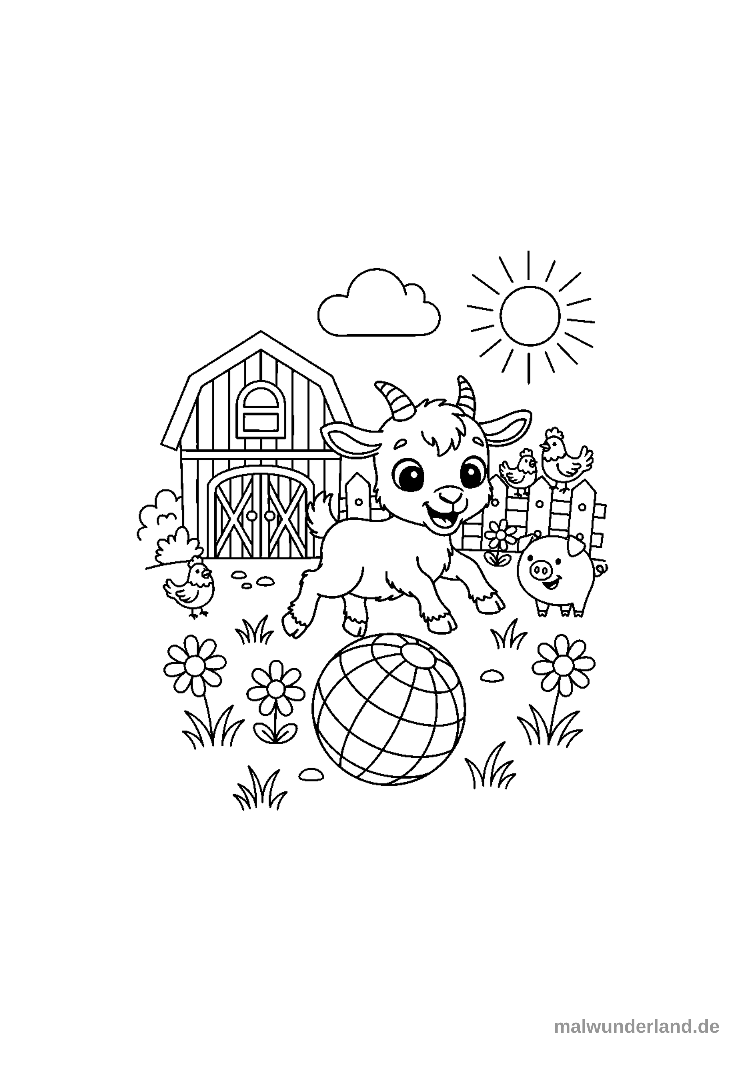 Klicken zum Drucken Das Ausmalbild zeigt ein fröhlich springendes Geißlein mit kleinen Hörnern auf einer blühenden Wiese. Im Hintergrund sind ein Bauernhaus, eine Wolke und die Sonne zu sehen, umgeben von weiteren Bauernhoftieren wie einem Schwein und Hühnern.
