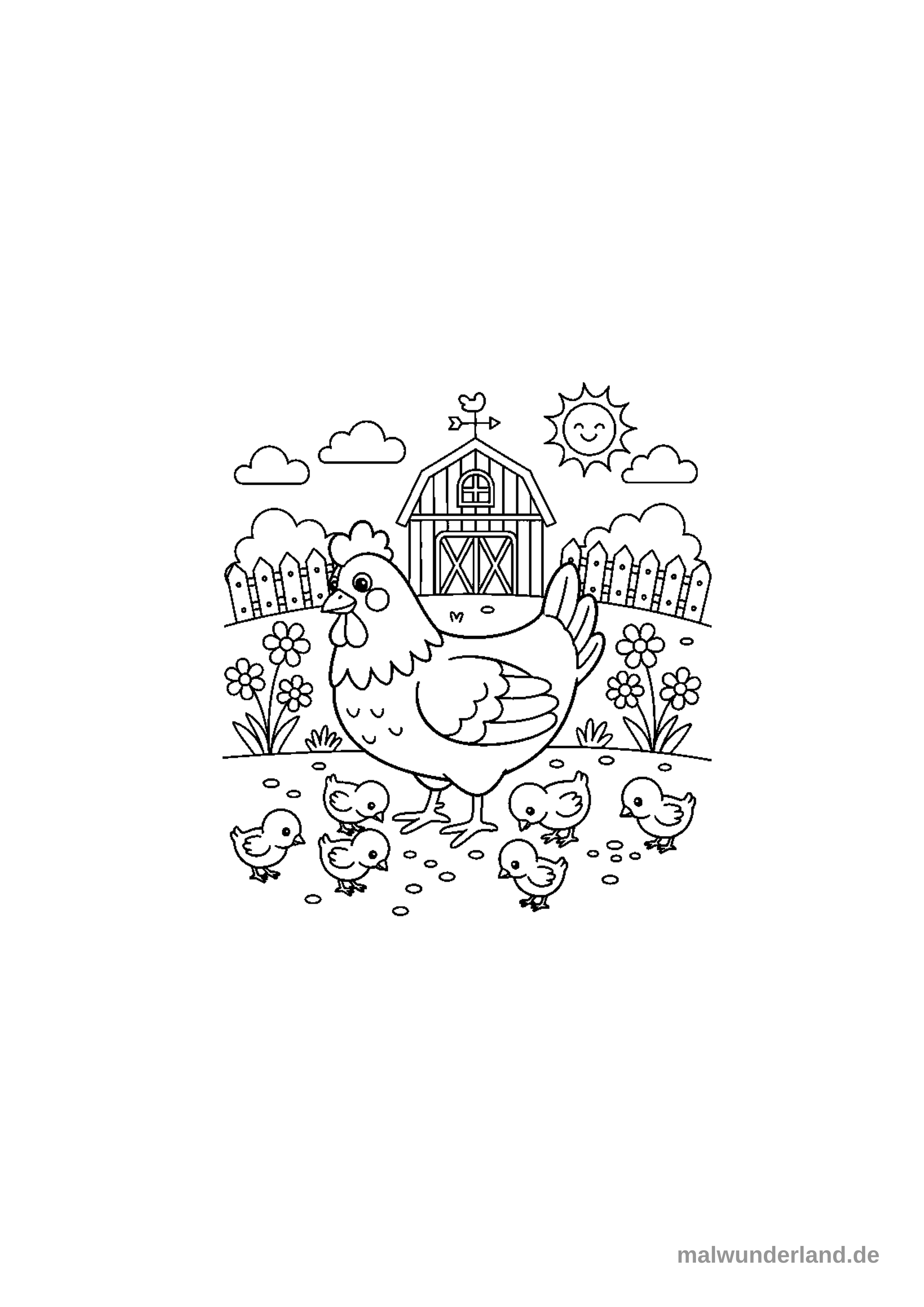 Klicken zum Drucken Das Ausmalbild zeigt eine große Henne mit sechs kleinen Küken, die auf einer Wiese herumwuseln. Im Hintergrund sind eine ländliche Szenerie mit einem Bauernhofgebäude, einem Zaun, Blumen, Wolken und einer lächelnden Sonne zu sehen.