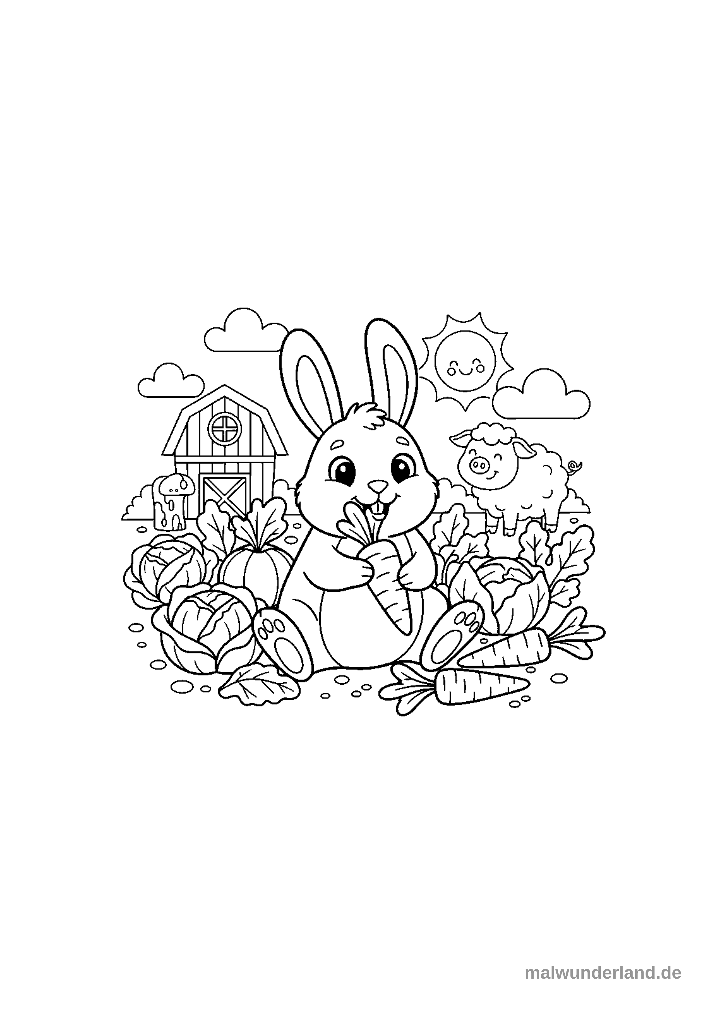 Das Ausmalbild zeigt einen niedlichen Hasen, der eine Karotte in den Pfoten hält, umgeben von verschiedenen Gemüsesorten auf einem Bauernhof. Im Hintergrund sind eine Scheune, ein lächelndes Schäfchen, Wolken und eine fröhliche Sonne zu sehen.