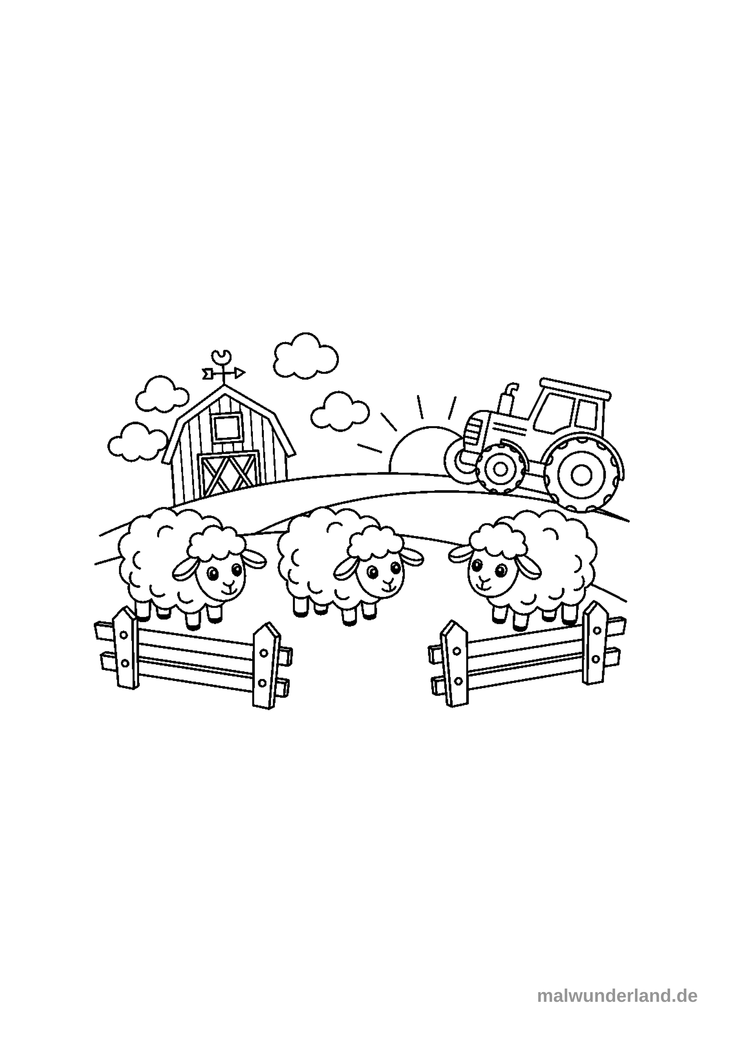 Das Ausmalbild zeigt eine ländliche Szene mit drei lächelnden Schafen auf einer grünen Wiese, die von Holzzäunen umgeben ist. Im Hintergrund sind eine Scheune mit Wetterfahne, ein Traktor und eine aufgehende Sonne über sanften Hügeln zu sehen, umgeben von Wolken.