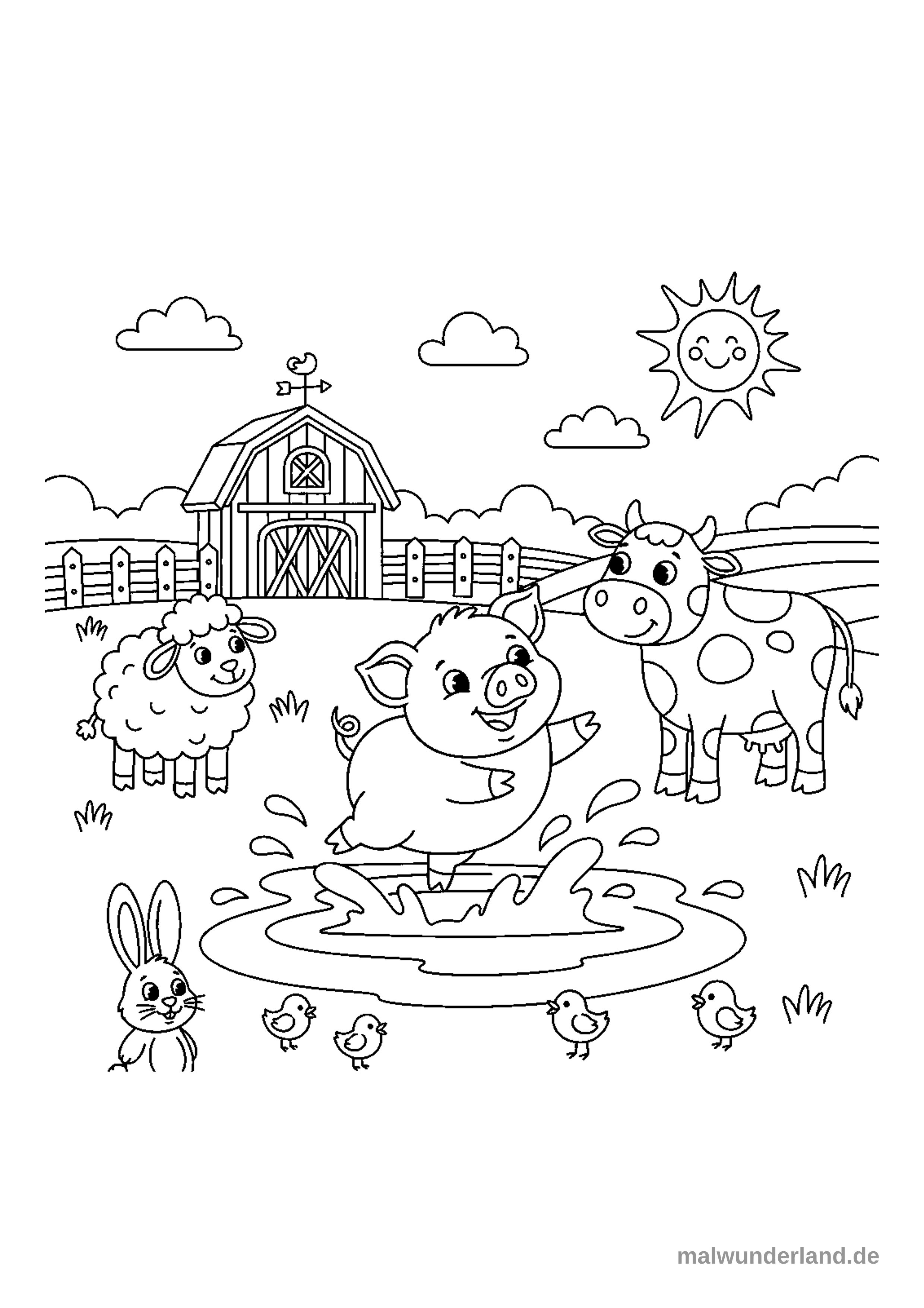 Klicken zum Drucken Das Ausmalbild zeigt eine fröhliche Bauernhofszene mit verschiedenen Tieren. Ein Schweinchen planscht ausgelassen in einer Pfütze, während ein Schaf, eine Kuh, ein Hase und kleine Küken zuschauen.
