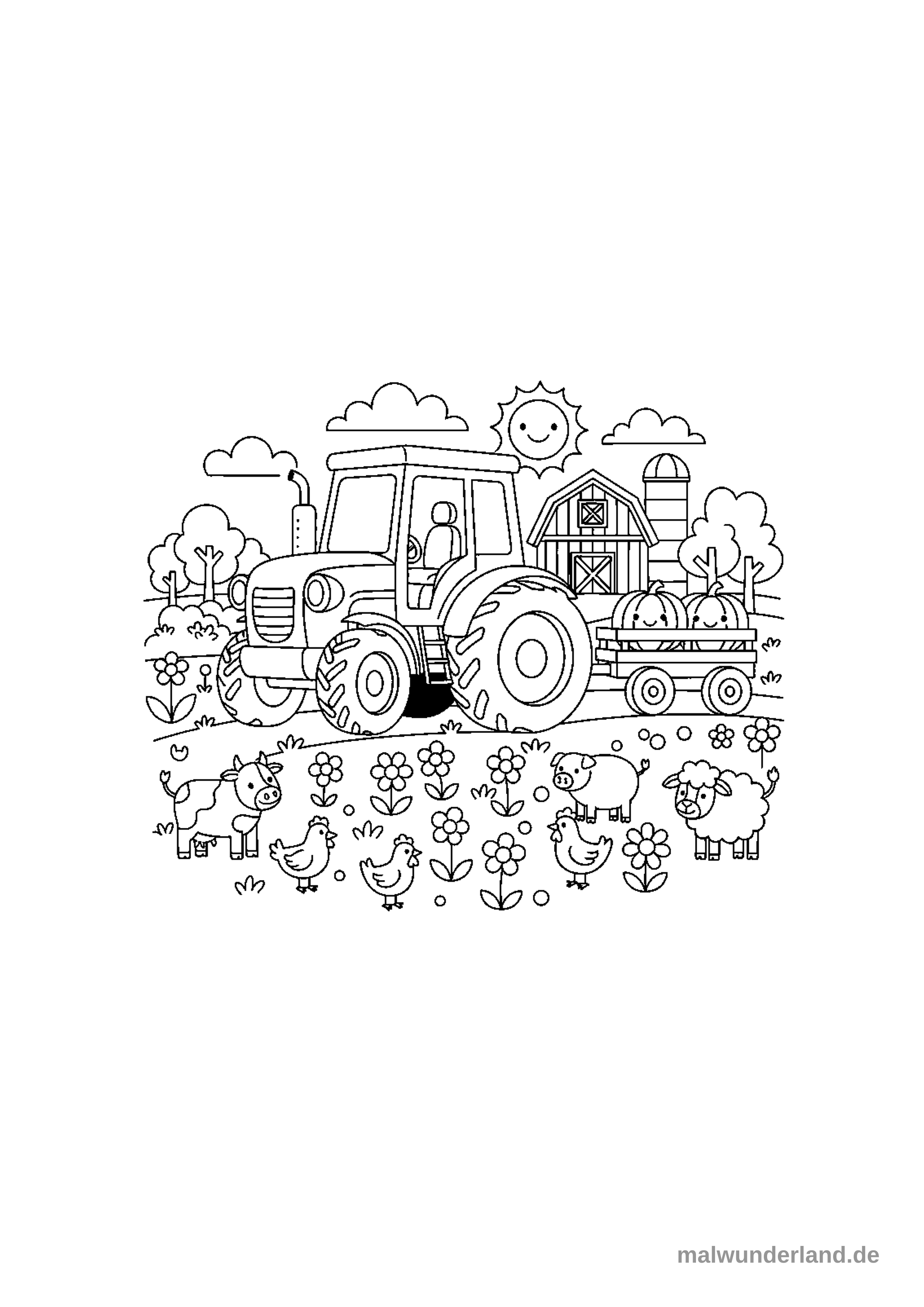 Das Ausmalbild zeigt einen Trecker mit einem Anhänger voller lächelnder Kürbisse auf einem Bauernhof. Im Hintergrund sind eine Scheune, ein Silo und Bäume zu sehen, während im Vordergrund diverse Bauernhoftiere wie Kühe, Schweine, Schafe und Hühner zwischen Blumen spazieren.