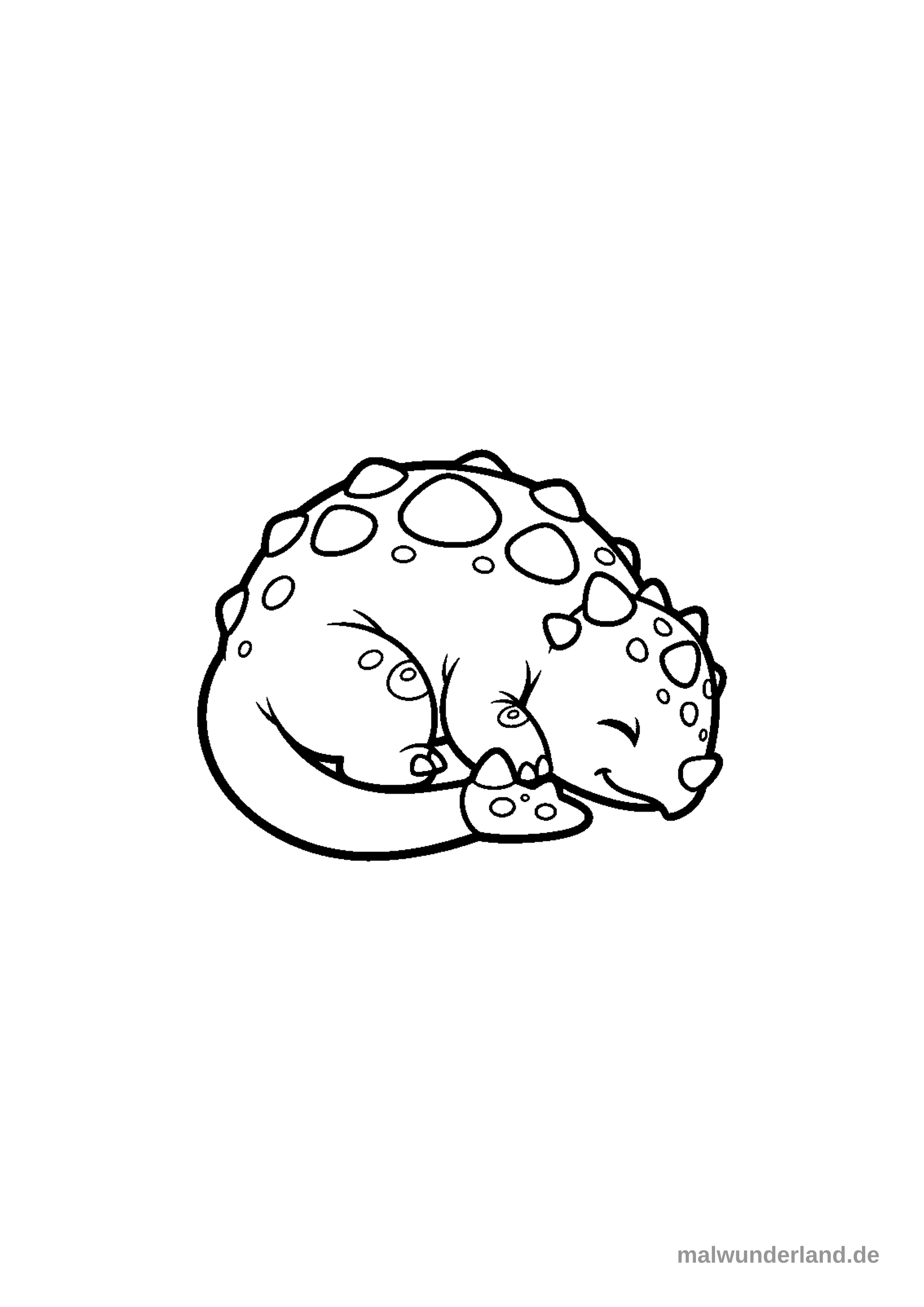 Klicken zum Drucken Das Bild zeigt einen niedlichen Ankylosaurus, der sich zum Schlafen zusammengerollt hat. Er ist im Stil einer Strichzeichnung dargestellt und bereit zum Ausmalen.