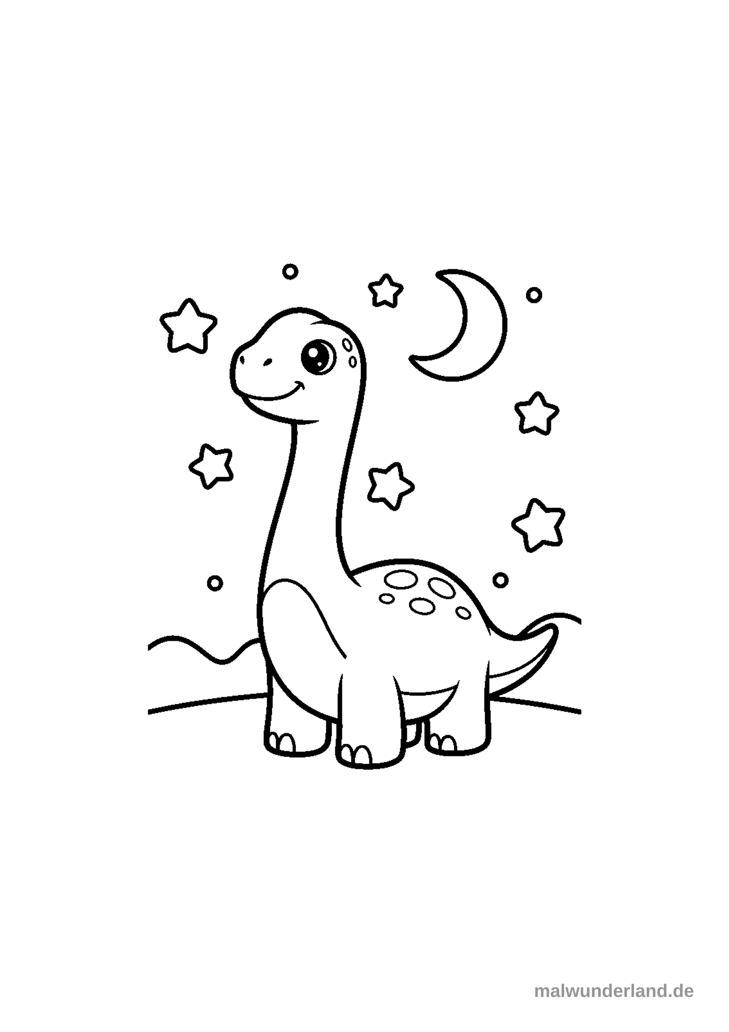 Das Ausmalbild zeigt einen Brachiosaurus, der mit seinem langen Hals nach oben blickt. Über seinem Kopf sind ein sichelförmiger Mond und mehrere leuchtende Sterne mit Strahlen zu sehen.