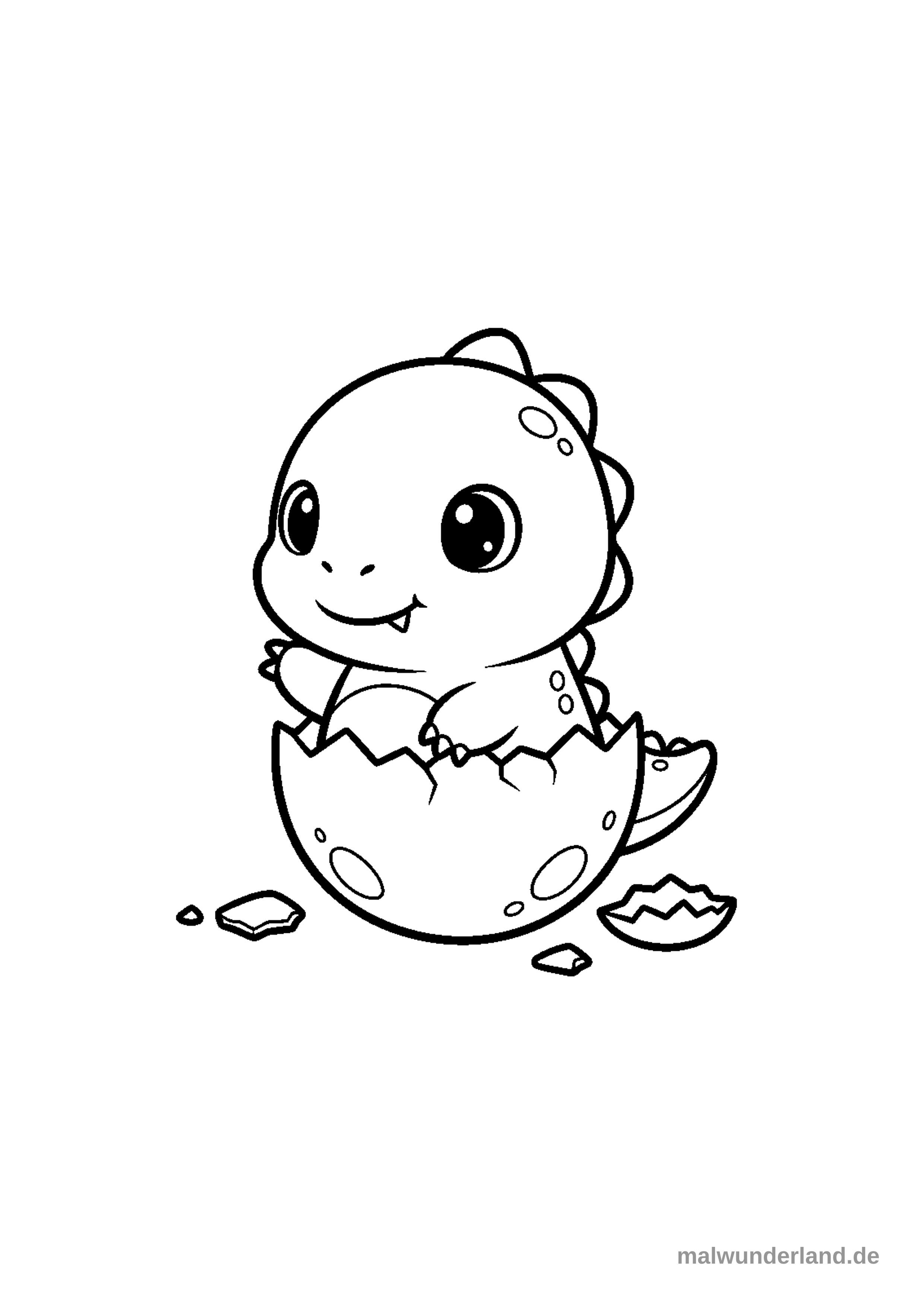 Klicken zum Drucken Das Bild zeigt einen kleinen, jungen Dinosaurier, der gerade aus einem großen Ei schlüpft. Der Dinosaurier schaut aufgeregt und hat sein Maul weit geöffnet, während die Eierschale um ihn herum zerbrochen ist.