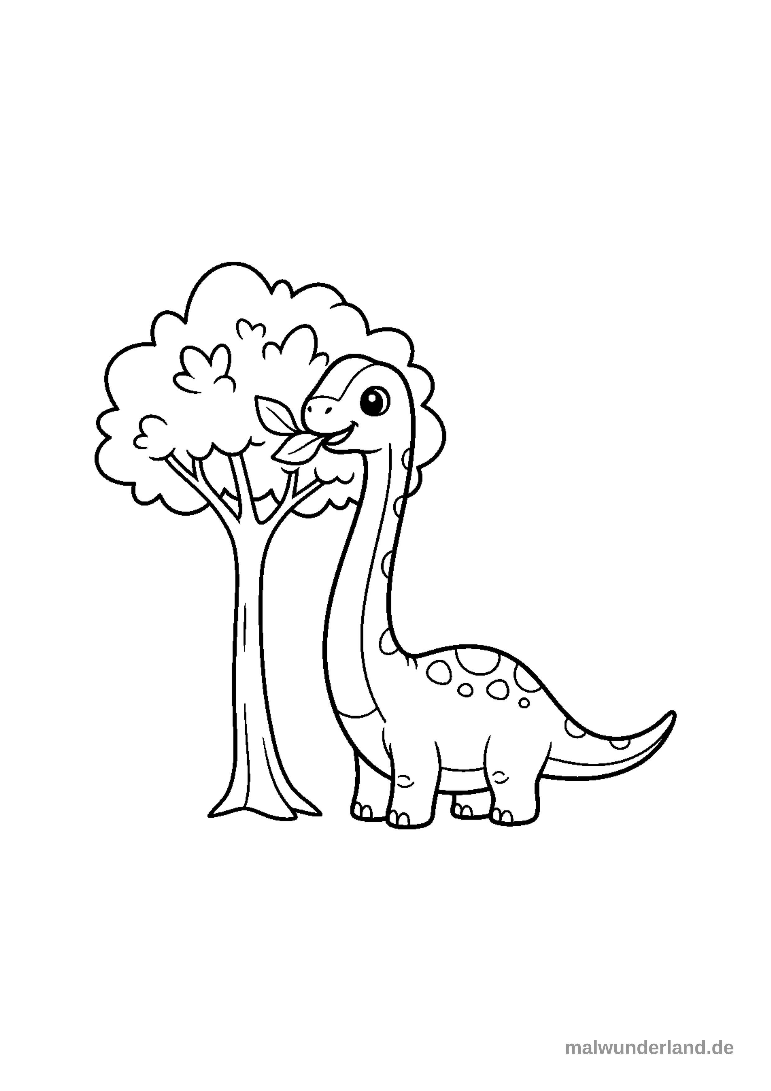 Das Bild zeigt einen langhalsigen Dinosaurier, der Blätter von einem hohen Baum frisst. Der Dinosaurier steht auf seinen Hinterbeinen, um die Baumkrone zu erreichen.