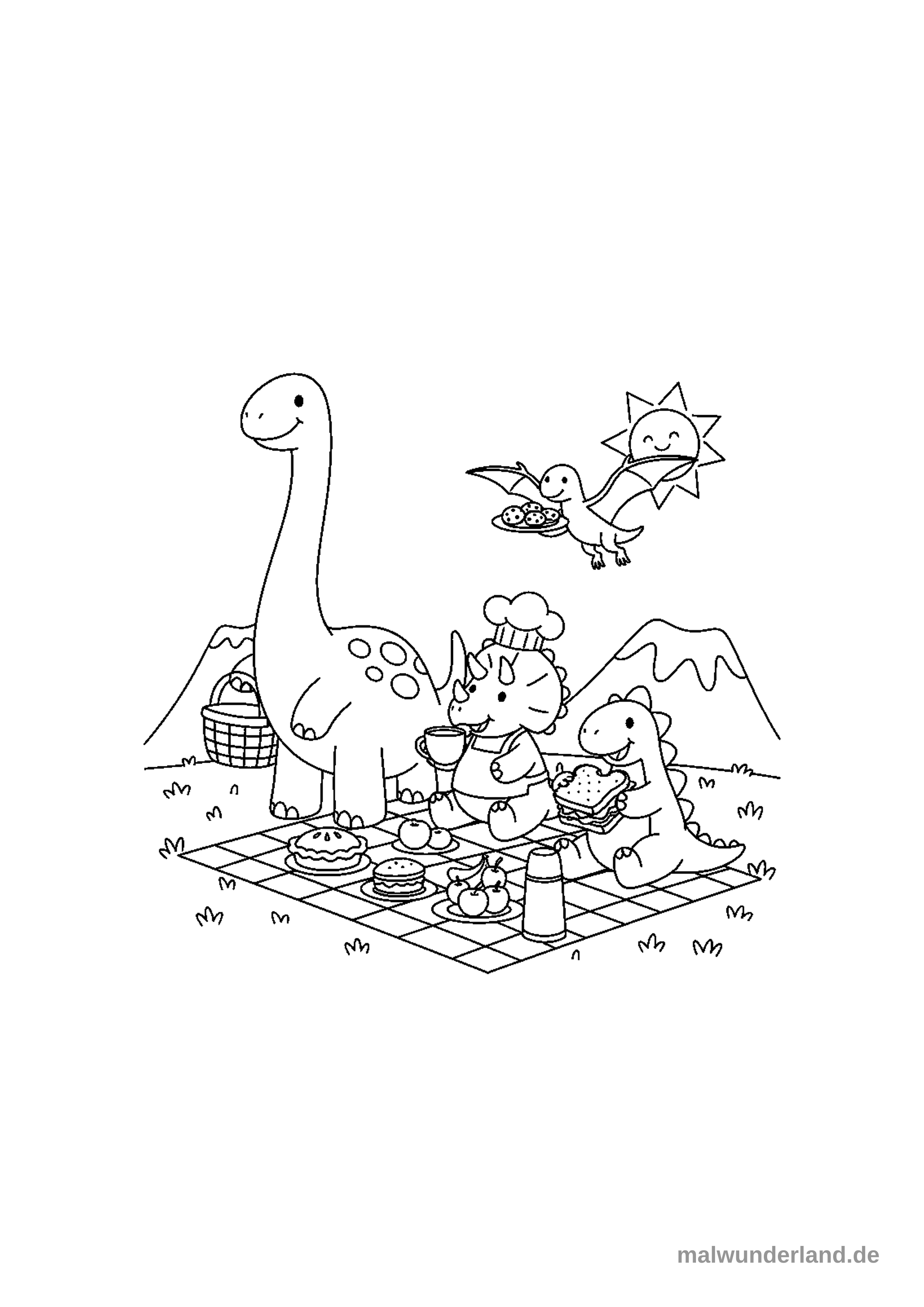 Ein Ausmalbild zeigt mehrere freundliche Dinosaurier und einen Flugsaurier, die ein fröhliches Picknick im Freien veranstalten. Auf einer karierten Decke liegen zahlreiche Speisen, während Berge im Hintergrund und eine lachende Sonne am Himmel die Szene ergänzen.