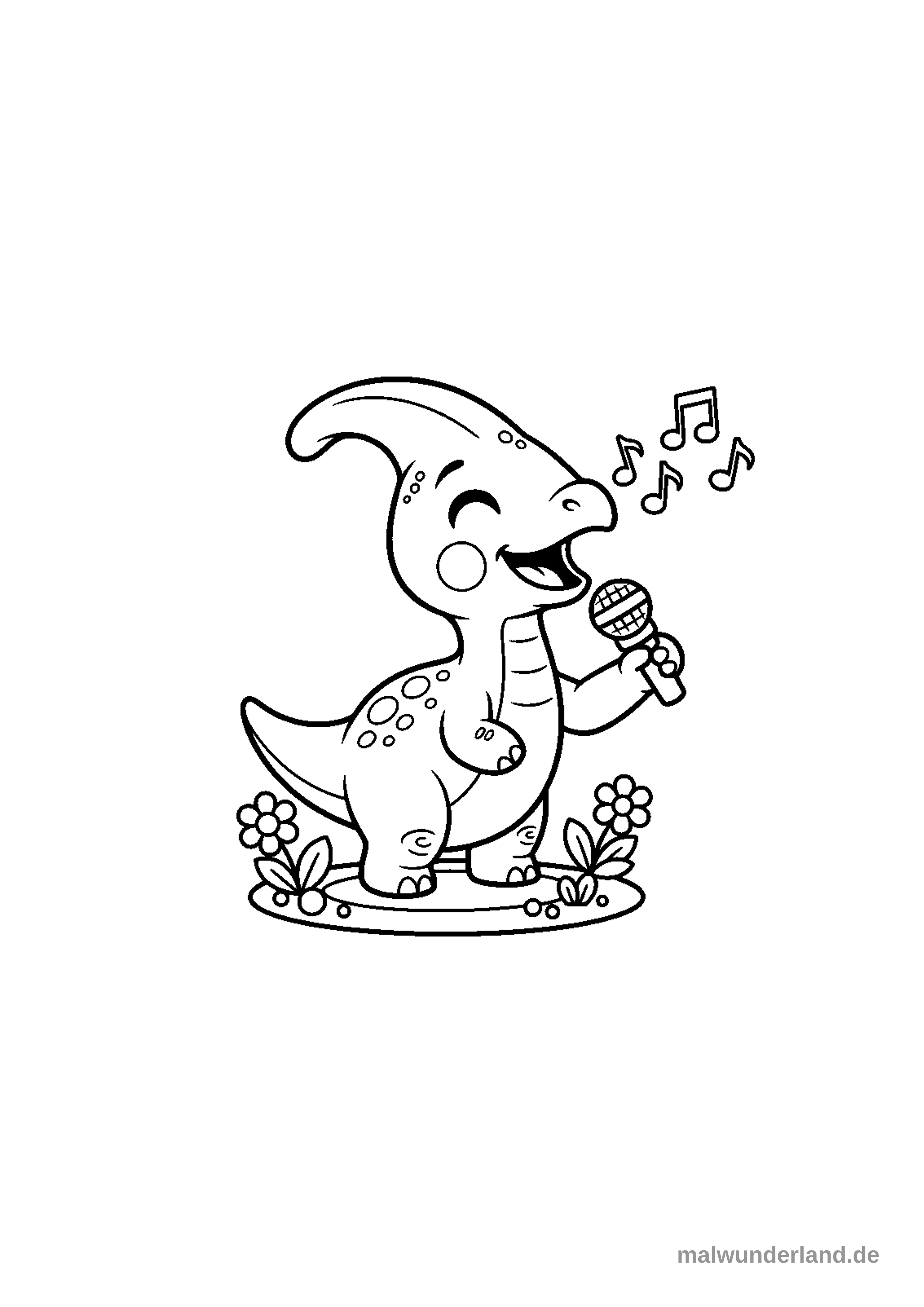 Das Ausmalbild zeigt einen Parasaurolophus-Dinosaurier, der auf zwei Beinen steht, mit geöffnetem Maul Laute von sich gibt und dabei Schallwellen sichtbar werden. Er steht auf einer kleinen Erhebung mit etwas Gras und Pflanzen.