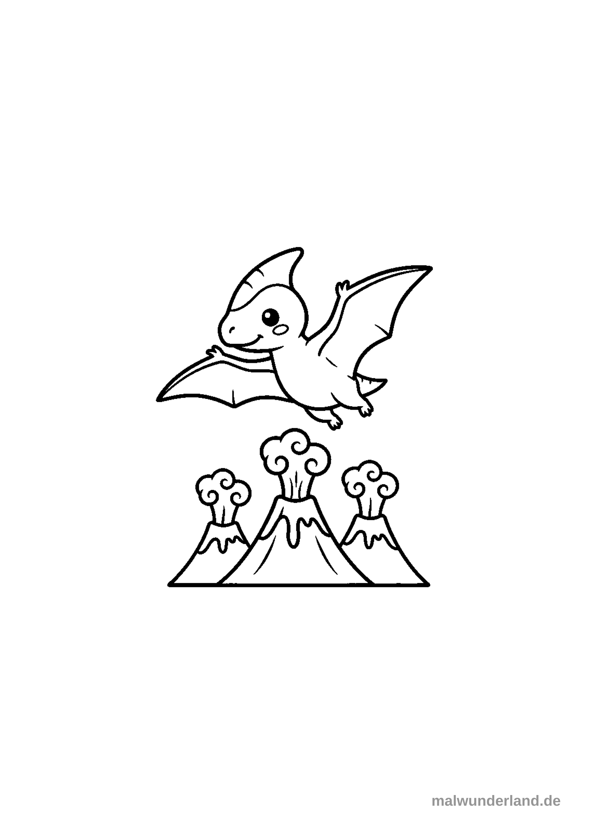 Ein Pteranodon fliegt mit weit ausgebreiteten Flügeln über drei rauchende Vulkane. Die gesamte Szene ist eine einfache schwarz-weiße Umrisszeichnung zum Ausmalen.
