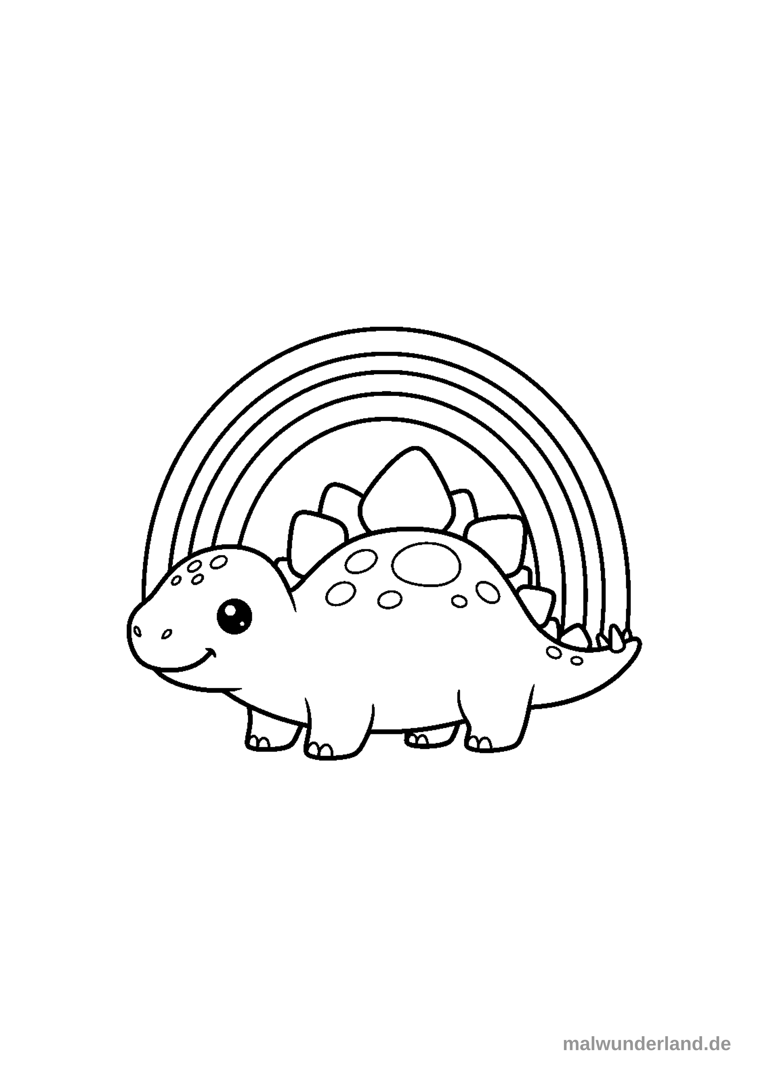 Das Bild zeigt einen Stegosaurus mit geöffnetem Maul, der nach rechts blickt und auf seinem Rücken Platten sowie am Schwanz Stacheln hat. Im Hintergrund ist die schematische Darstellung eines Regenbogens mit vertikalen Streifen zu sehen.