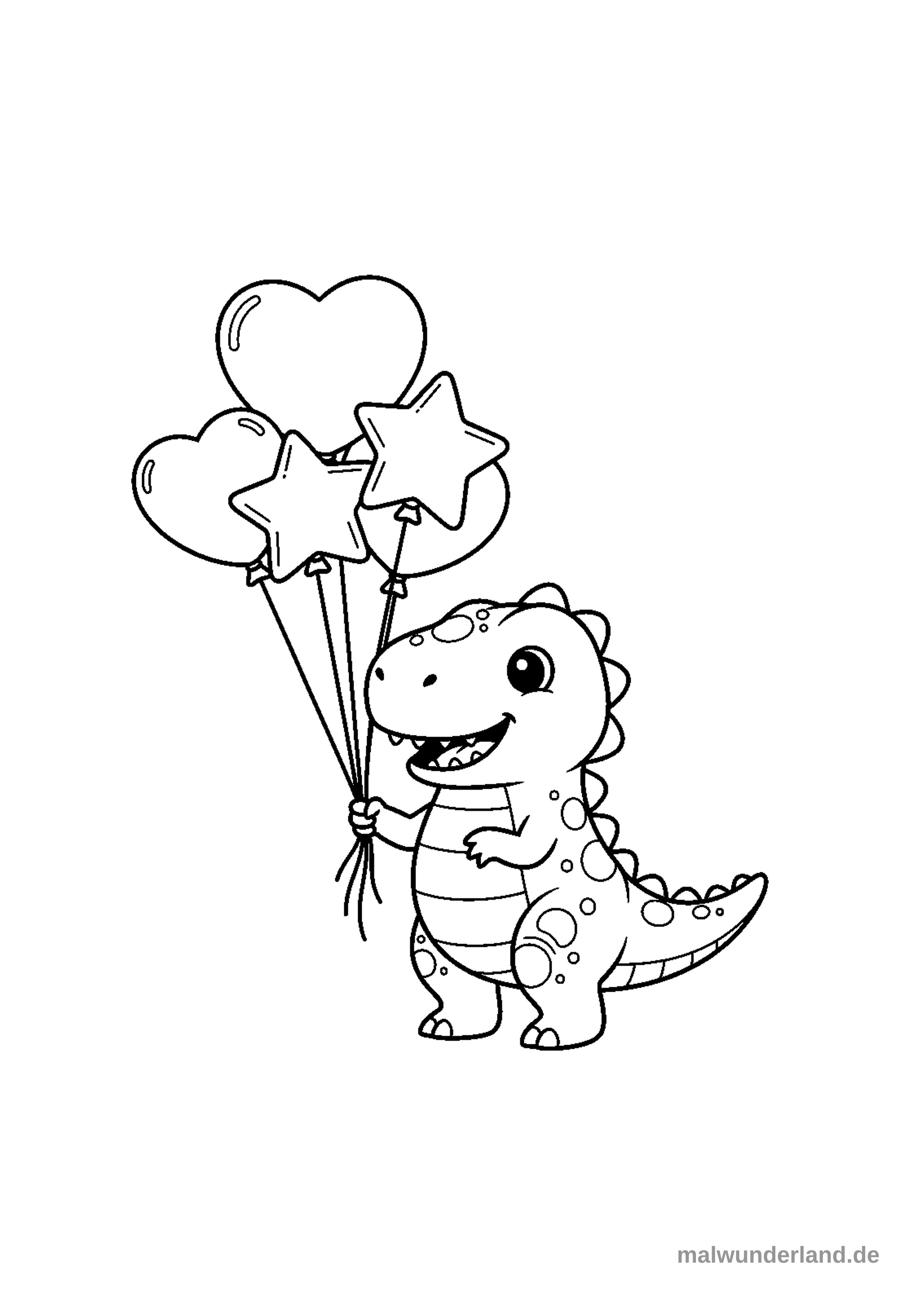 Klicken zum Drucken Das Bild zeigt einen aufrecht stehenden Tyrannosaurus Rex in einer Cartoon-Darstellung, der mit seiner kleinen Hand einen Bund aus drei Luftballons festhält. Sein Maul ist weit geöffnet, als würde er brüllen oder lachen.