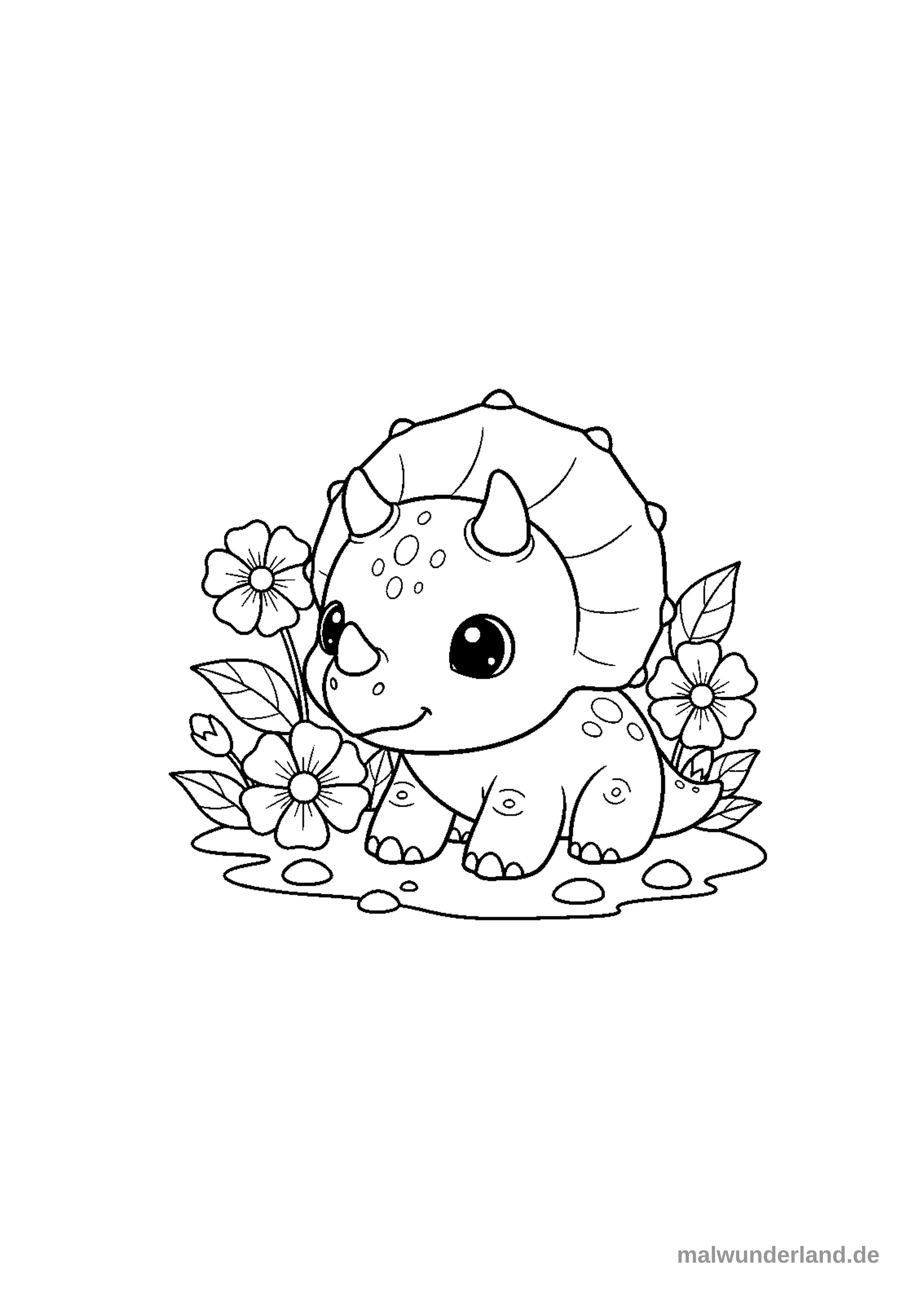 Das Ausmalbild zeigt ein lächelndes Triceratops-Baby, das inmitten einer dichten Vegetation aus großen Blüten und Farnblättern steht. Der Dinosaurier ist von vorne und leicht schräg dargestellt, mit Details wie den Hörnern, dem Nackenschild und den charakteristischen Hautsprenkeln.