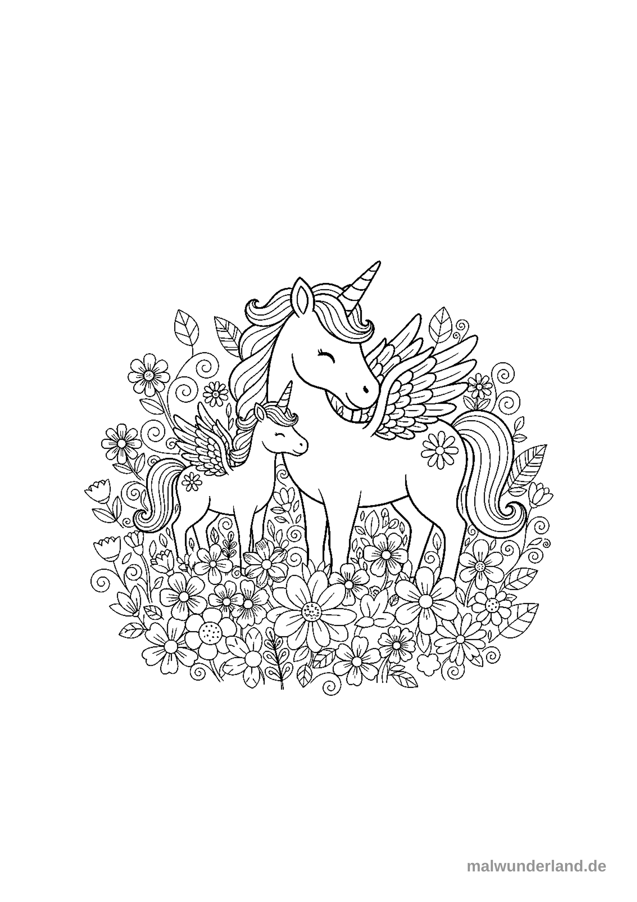 Ein Einhorn-Mutter mit ihrem Fohlen auf einer Blumenwiese.