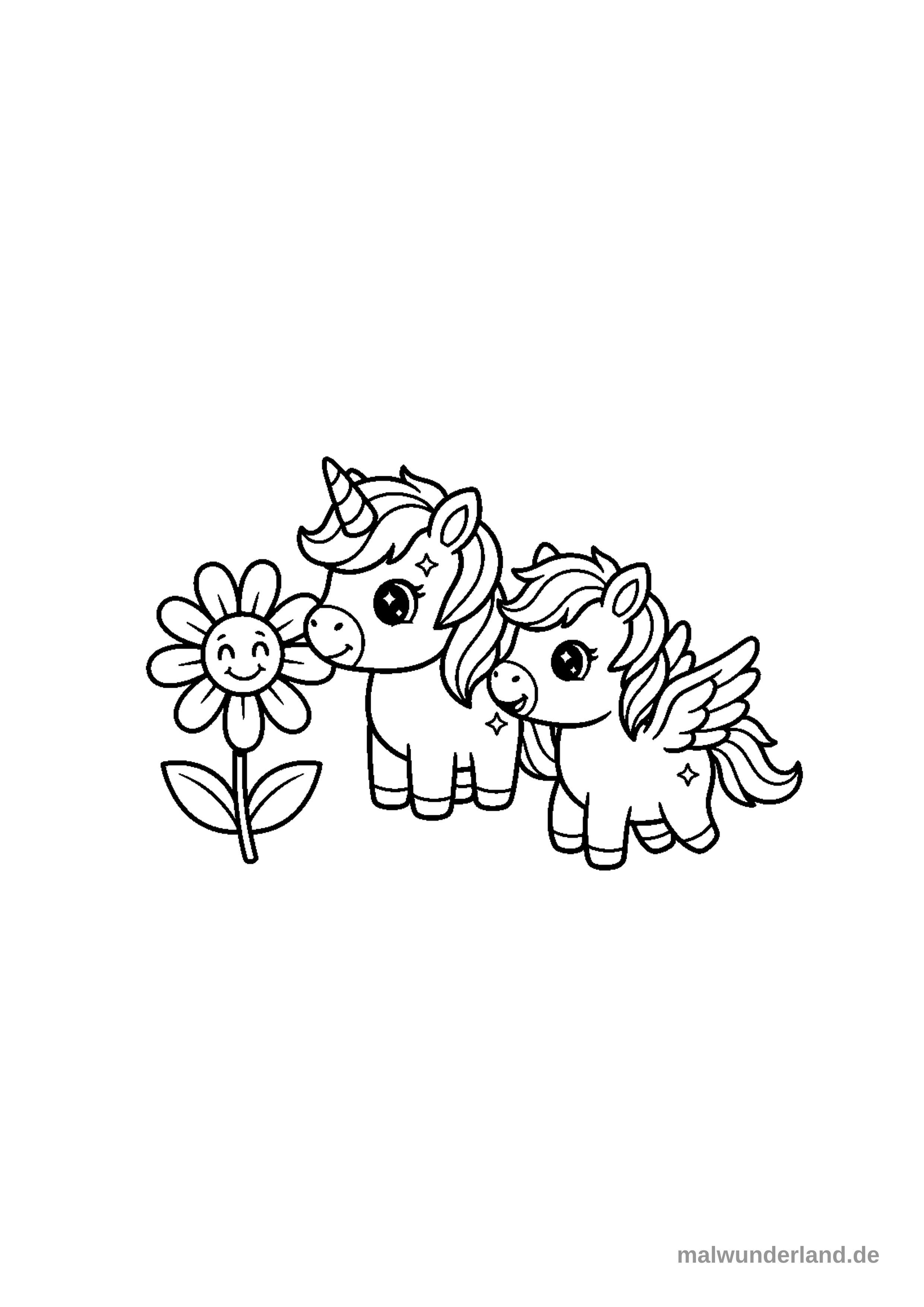 Ein kleines Einhorn-Fohlen, das an einer großen Blume schnuppert.