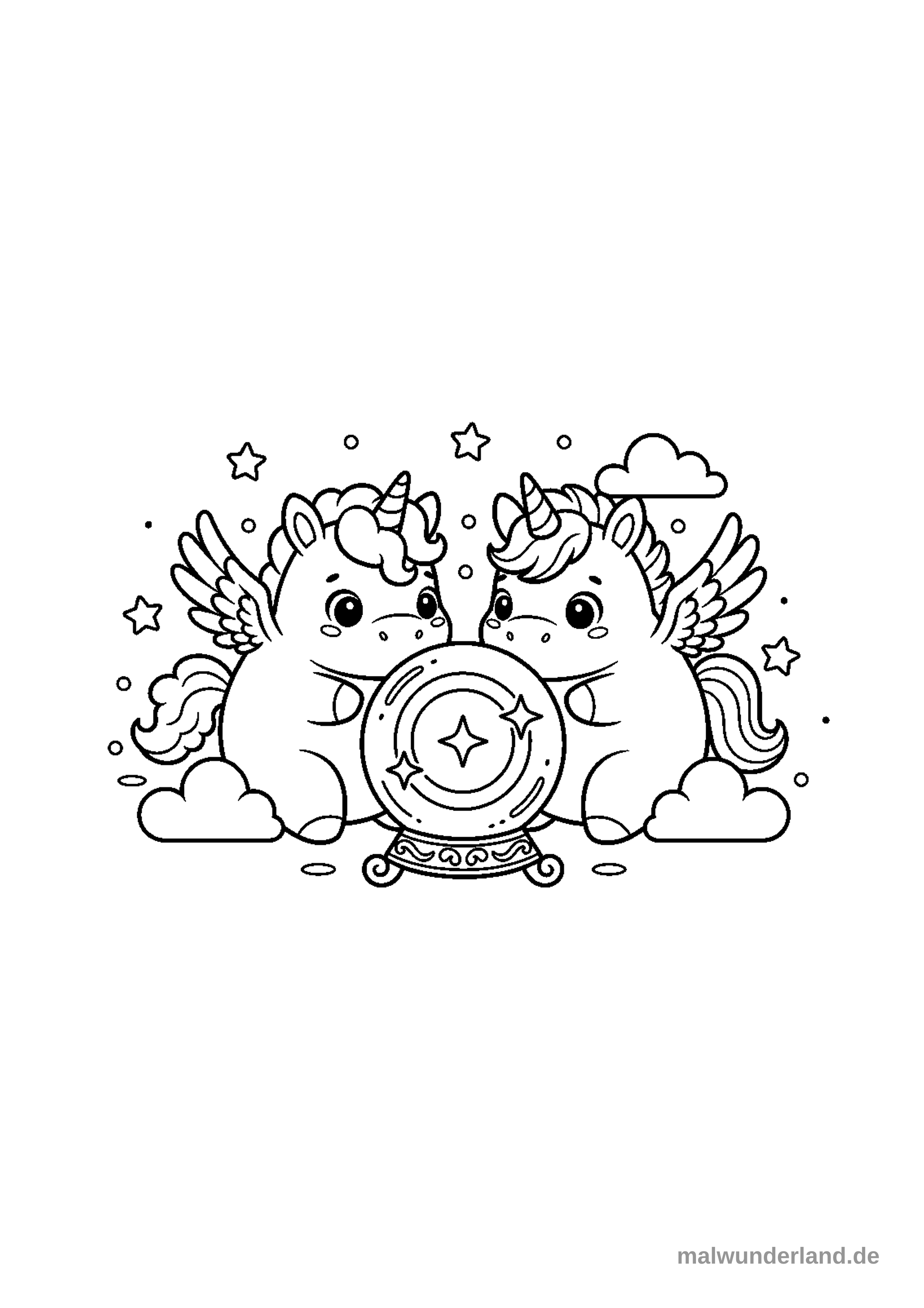 Ein Einhorn, das in eine leuchtende Kristallkugel schaut.