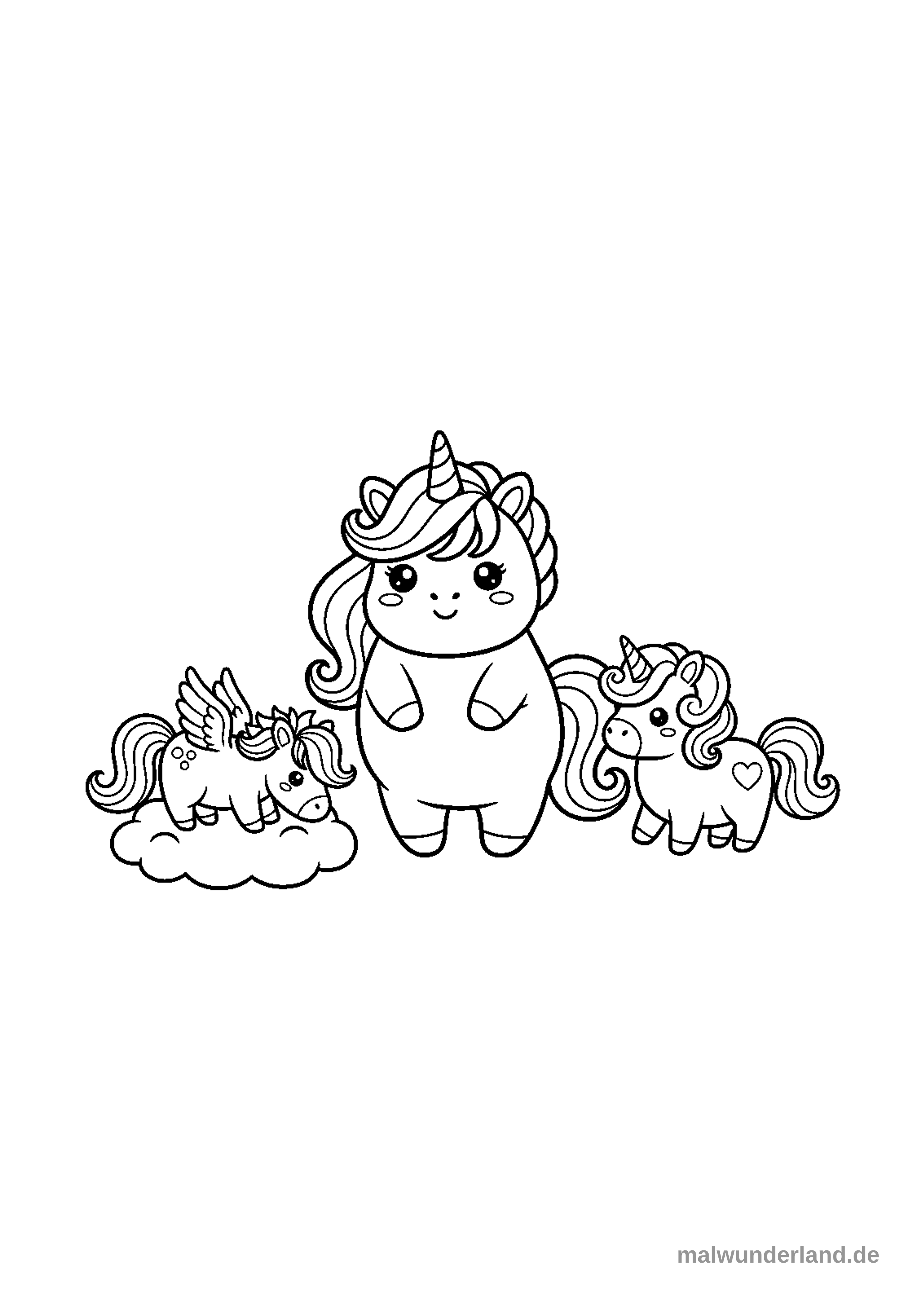 Ein stehendes Einhorn, dessen Mähne und Schweif in Regenbogenfarben leuchten. Es blickt freundlich nach vorne.