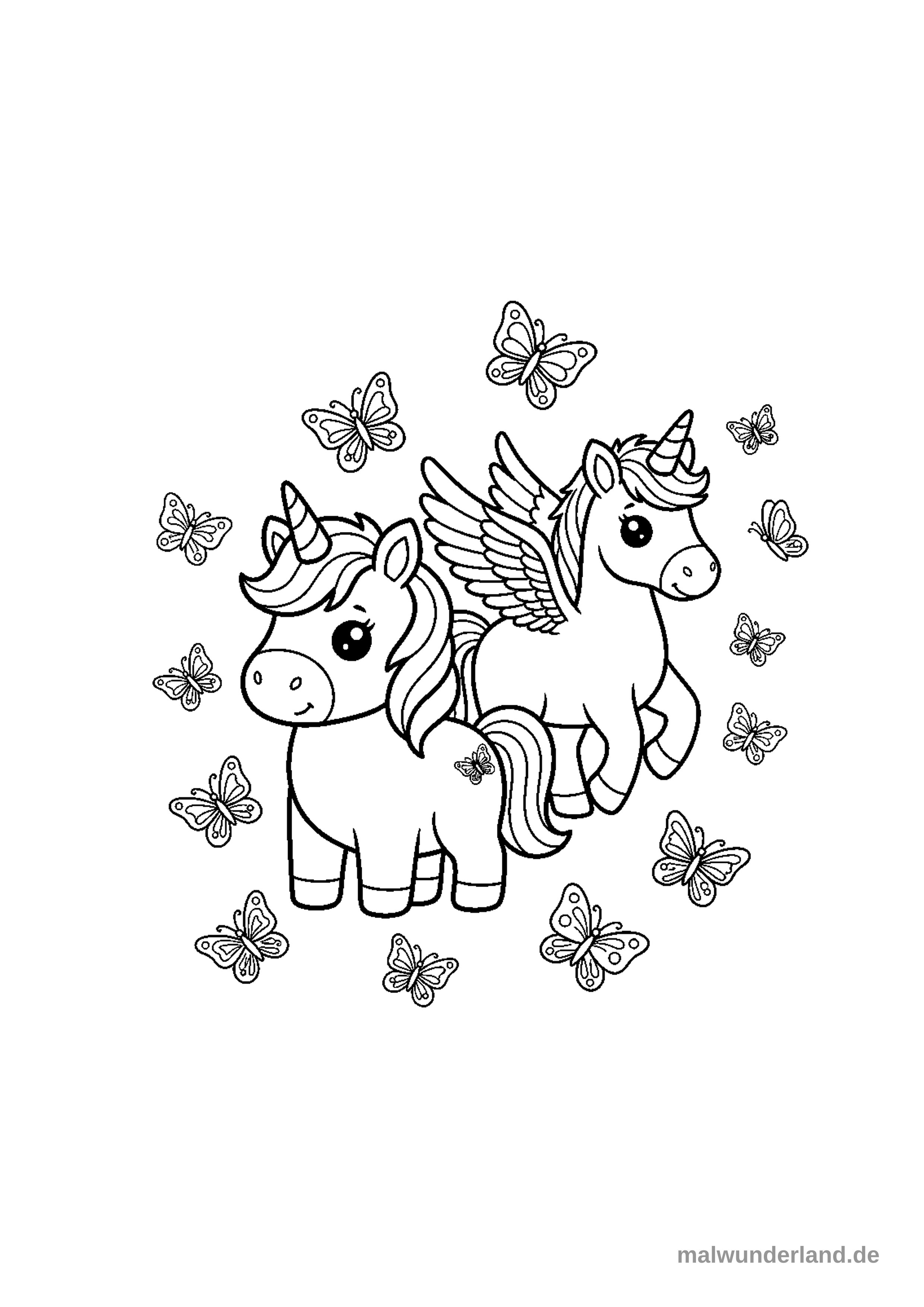 Ein Einhorn, umgeben von fliegenden Schmetterlingen.