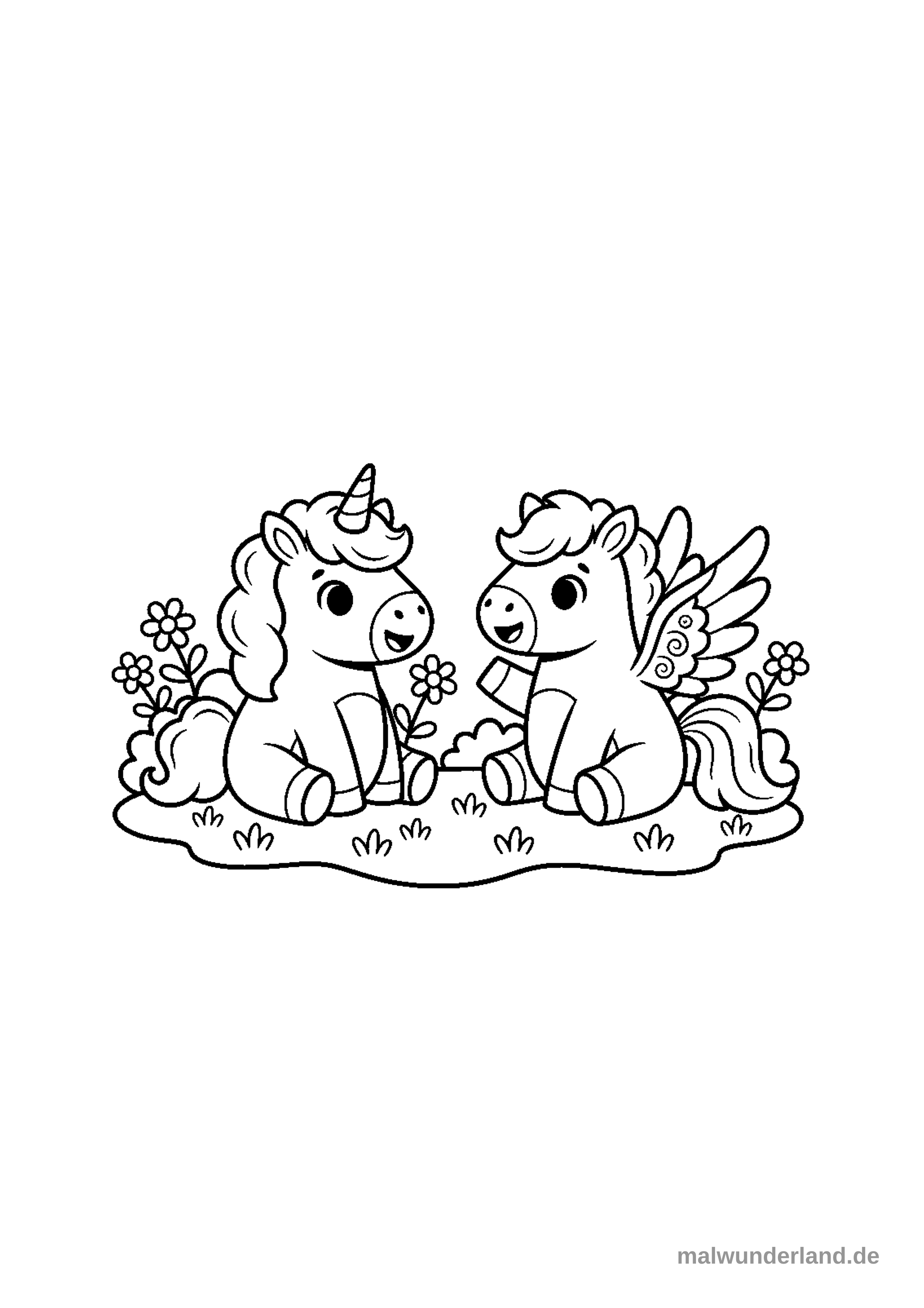 Ein Einhorn und ein Pegasus, die zusammen auf einer Wiese sitzen und sich unterhalten.