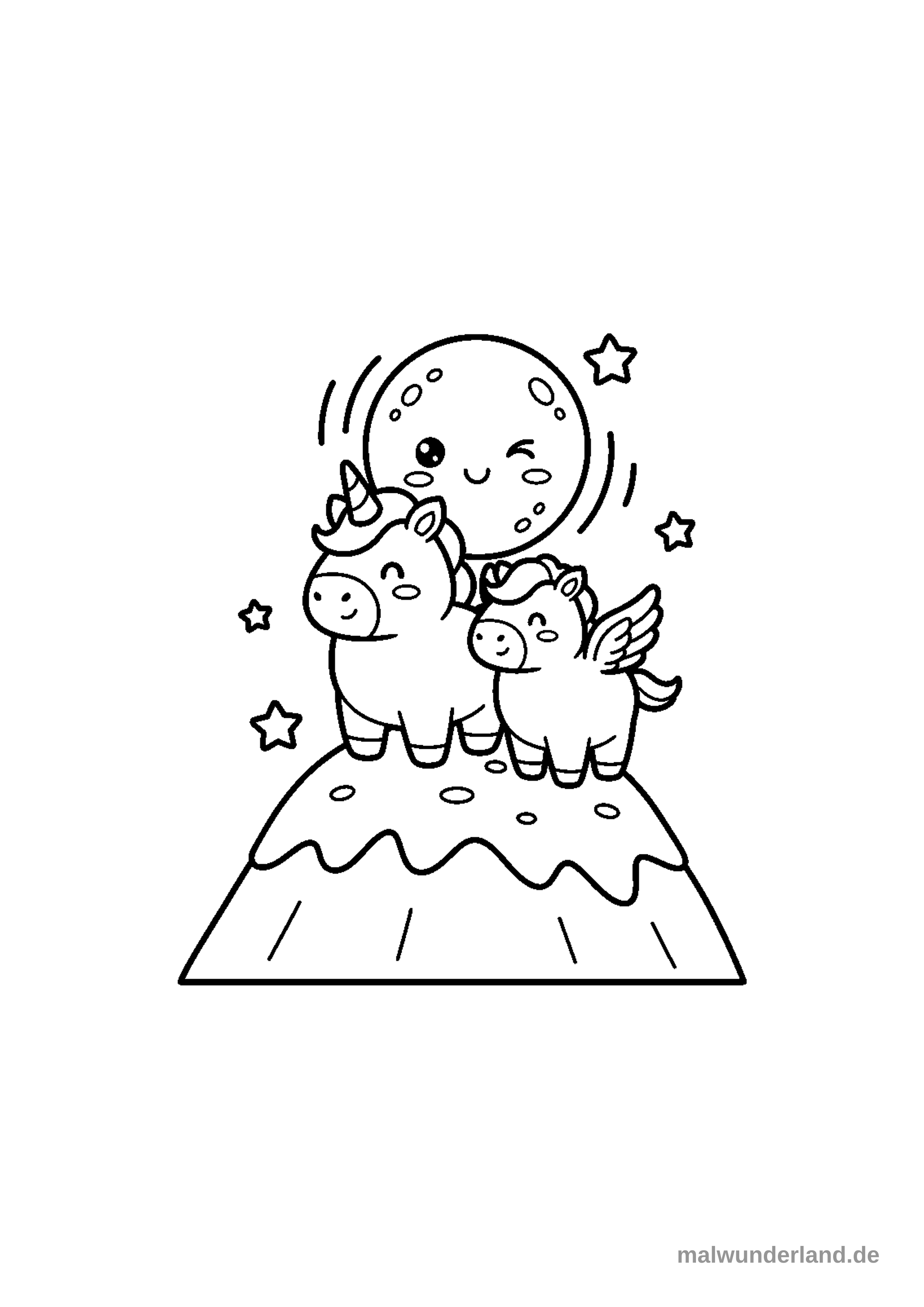 Ein Pegasus, der im Mondschein auf einer Bergspitze steht.