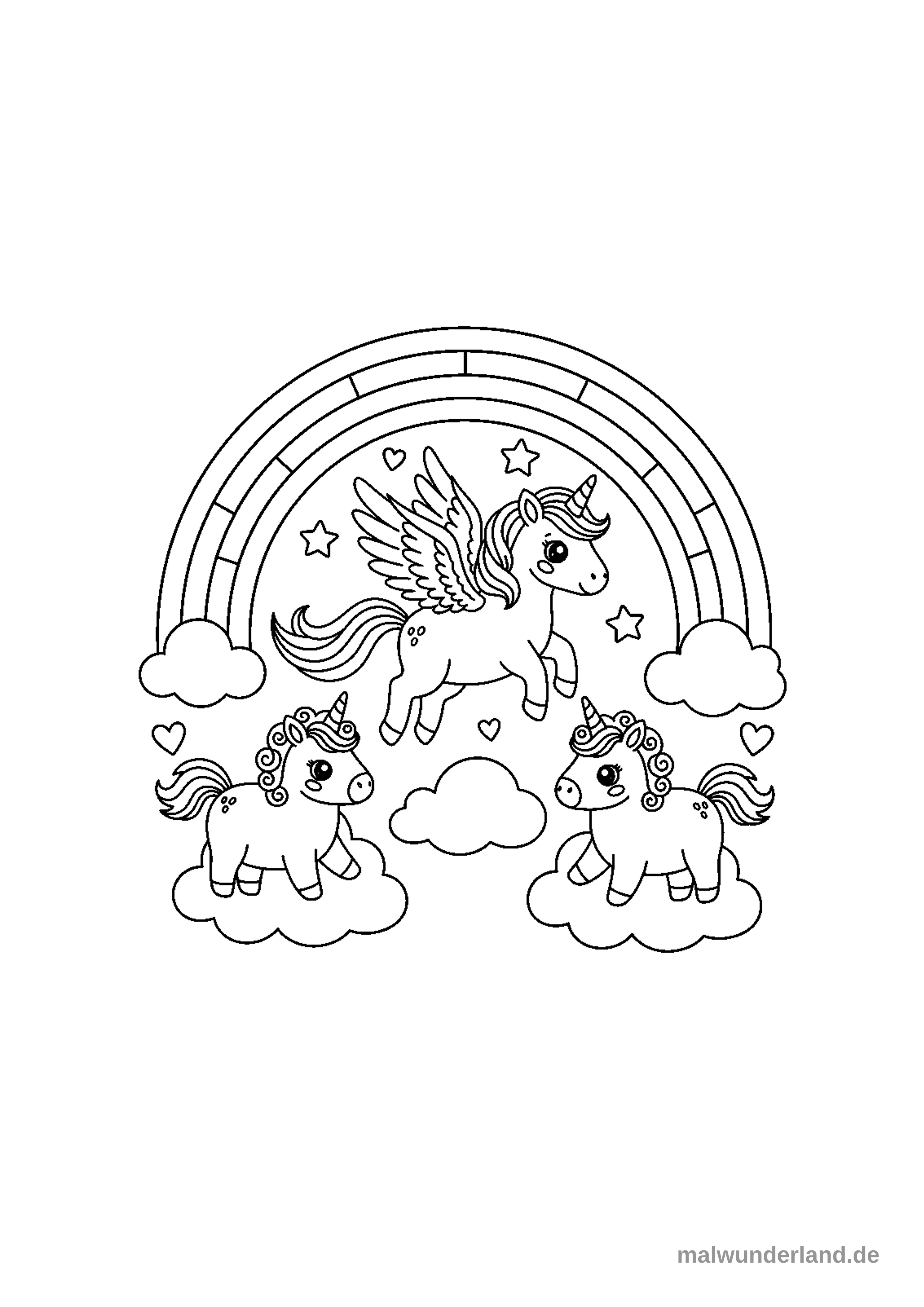 Ein Pegasus, der unter einem Regenbogen durchfliegt.