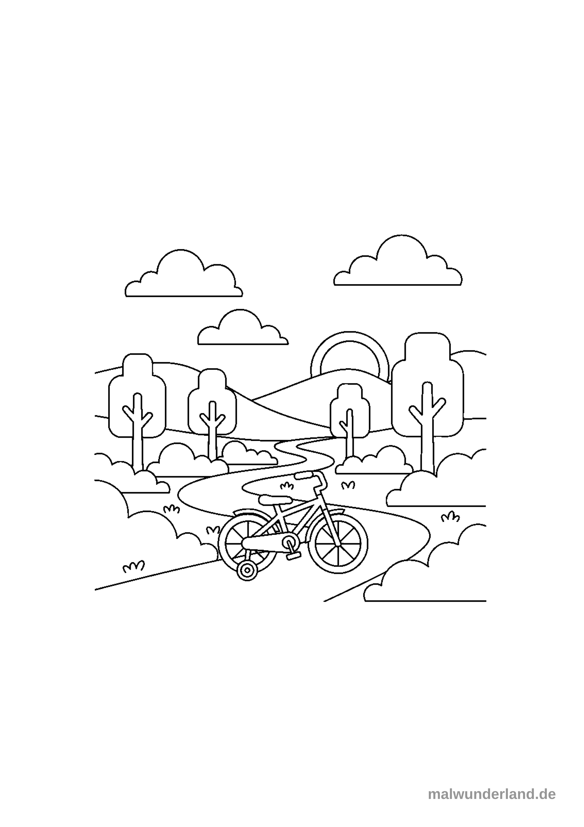 Klicken zum Drucken Dieses Ausmalbild zeigt ein Kinderfahrrad mit Stützrädern, das auf einem geschlängelten Weg in einer natürlichen Landschaft steht. Im Hintergrund sind sanfte Hügel, Bäume, Büsche, Wolken und die aufgehende oder untergehende Sonne zu sehen.