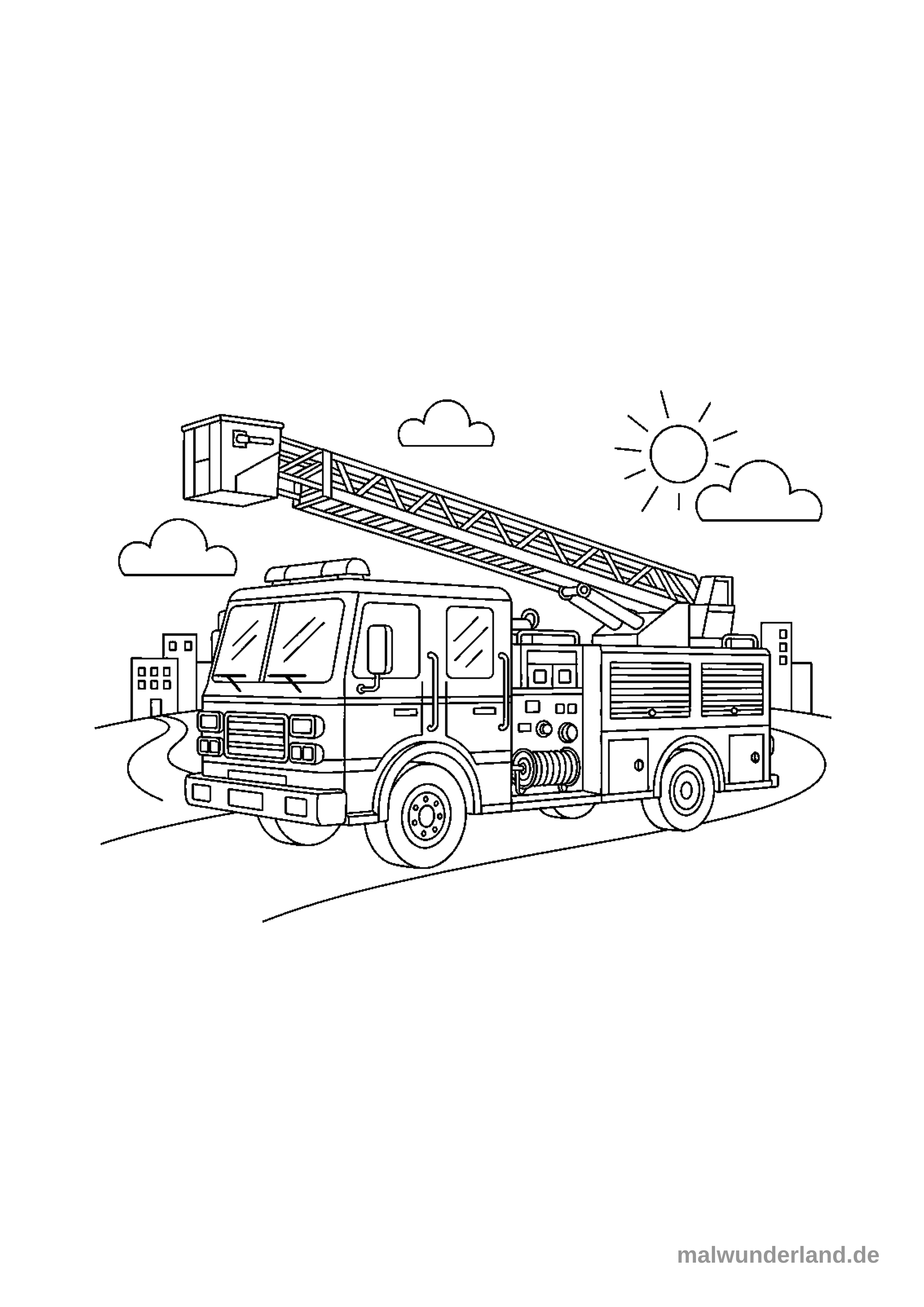 Das Bild zeigt ein detailliertes Ausmalbild eines Feuerwehrautos mit ausgefahrener Drehleiter und Rettungskorb. Es fährt auf einer geschwungenen Straße durch eine Stadtlandschaft mit Gebäuden im Hintergrund, während Sonne und Wolken am Himmel zu sehen sind.