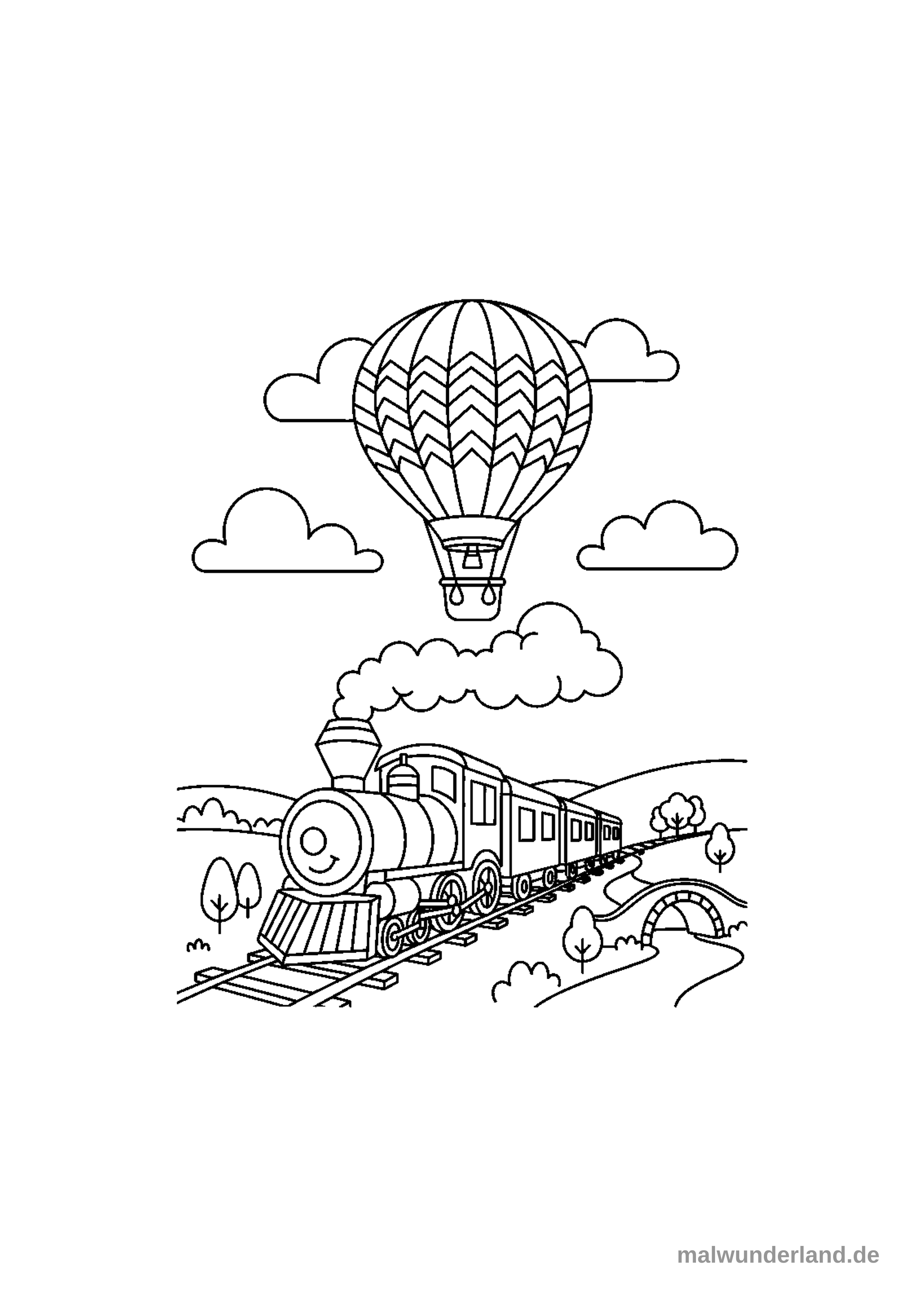 Das Ausmalbild zeigt einen großen Heißluftballon, der hoch am Himmel zwischen Wolken schwebt. Unter ihm fährt ein lächelnder Dampfzug mit mehreren Waggons durch eine hügelige Landschaft mit Bäumen und einer kleinen Brücke.