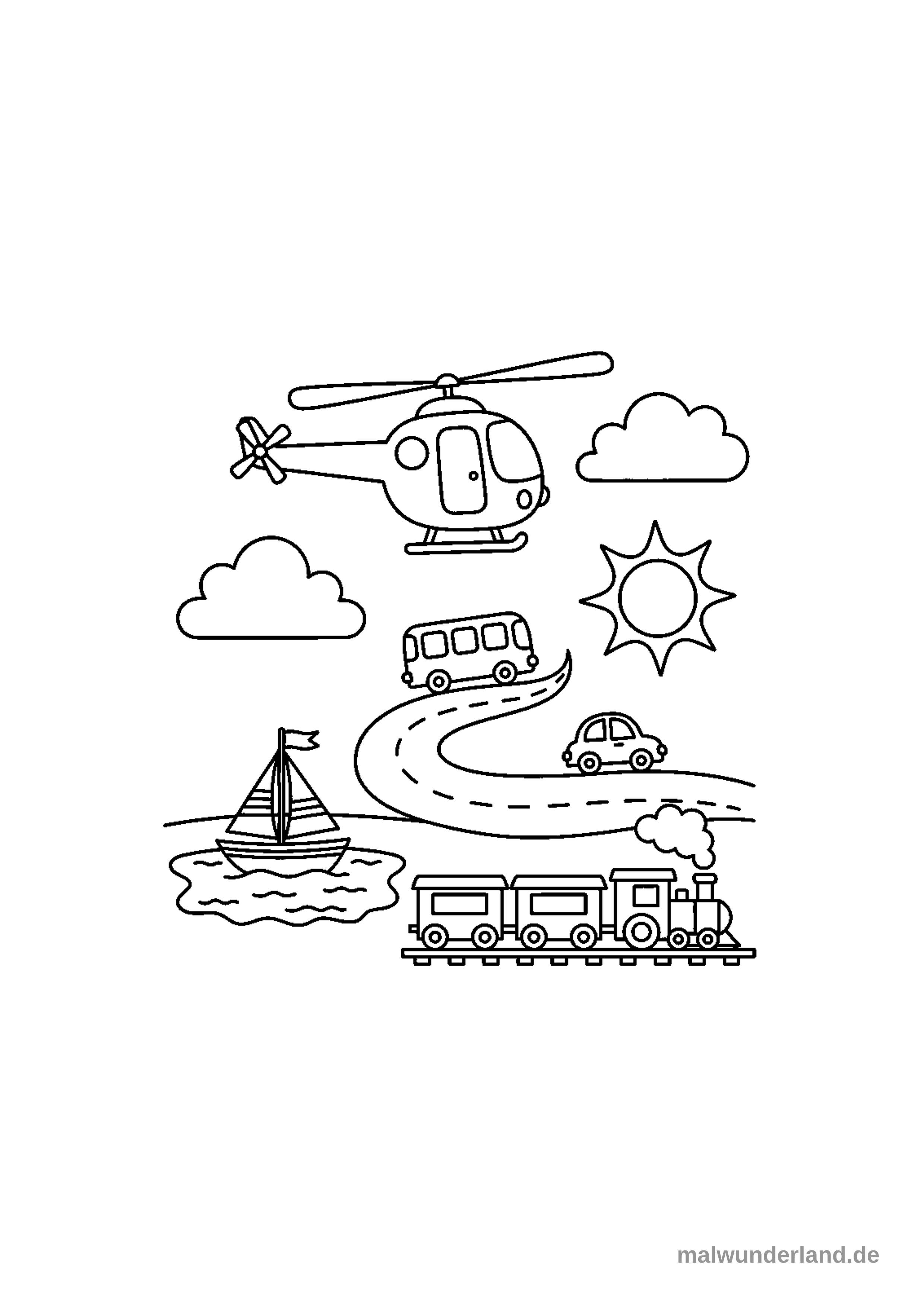 Das Ausmalbild zeigt verschiedene Verkehrsmittel in einer Landschaft, darunter einen Hubschrauber in der Luft, einen Bus und ein Auto auf einer kurvigen Straße, ein Segelboot auf dem Wasser und einen Zug auf Gleisen. Natürliche Elemente wie Wolken und eine Sonne ergänzen die Szene.