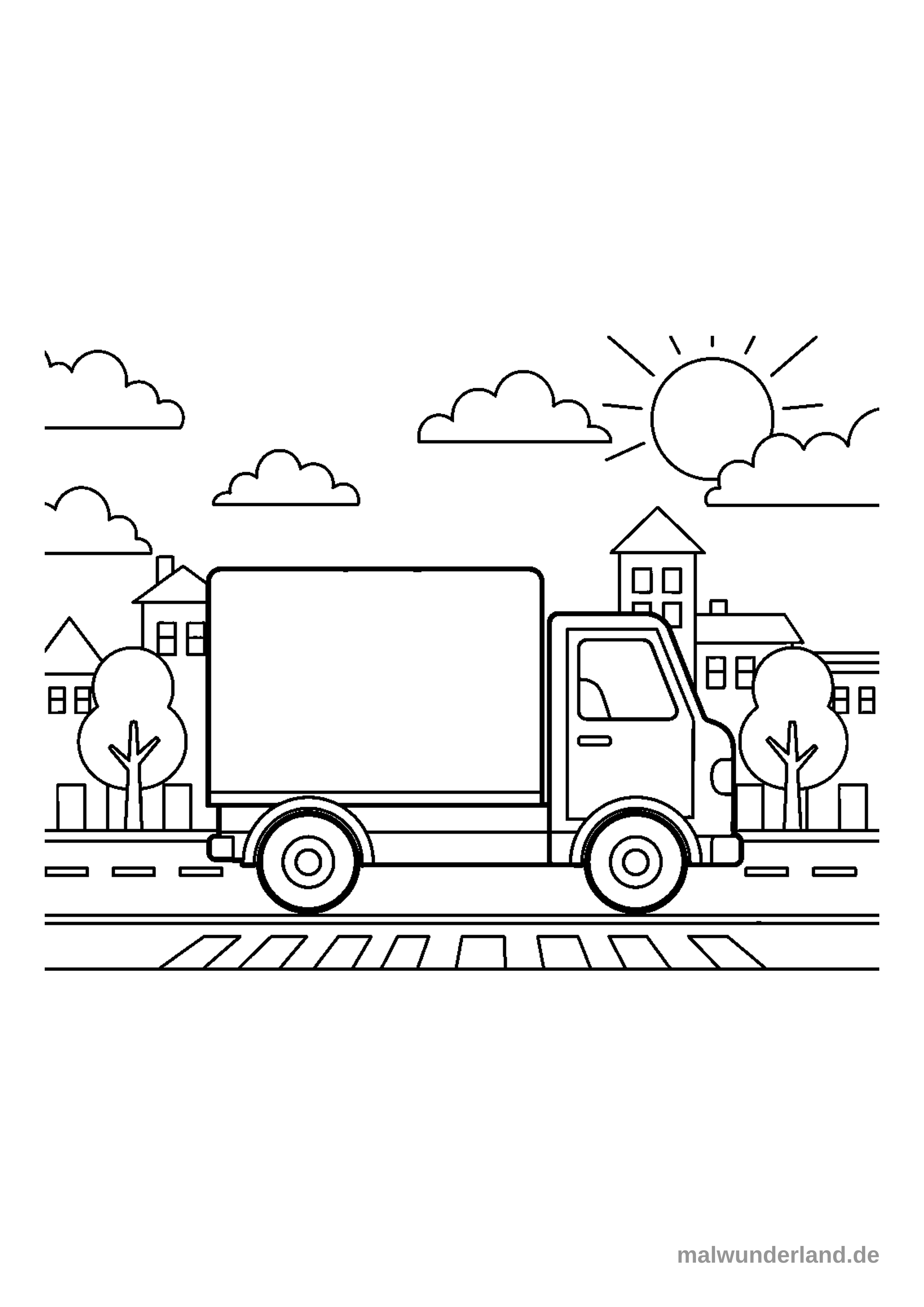 Das Ausmalbild zeigt einen großen Lieferwagen, der auf einer Straße durch eine Stadt fährt. Im Hintergrund sind Häuser und Bäume zu sehen, während am Himmel die Sonne zwischen einigen Wolken scheint.