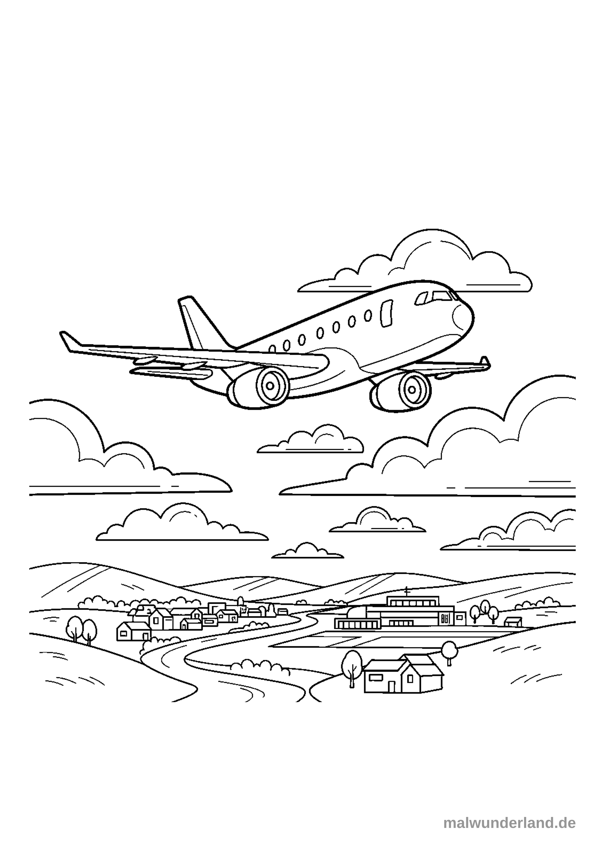 Das Ausmalbild zeigt ein großes Passagierflugzeug, das hoch über einer malerischen Landschaft fliegt. Im unteren Bereich sind sanfte Hügel, ein kleines Dorf mit Häusern, eine gewundene Straße und ein größeres Gebäude zu erkennen, während der Himmel mit zahlreichen Wolken gefüllt ist.