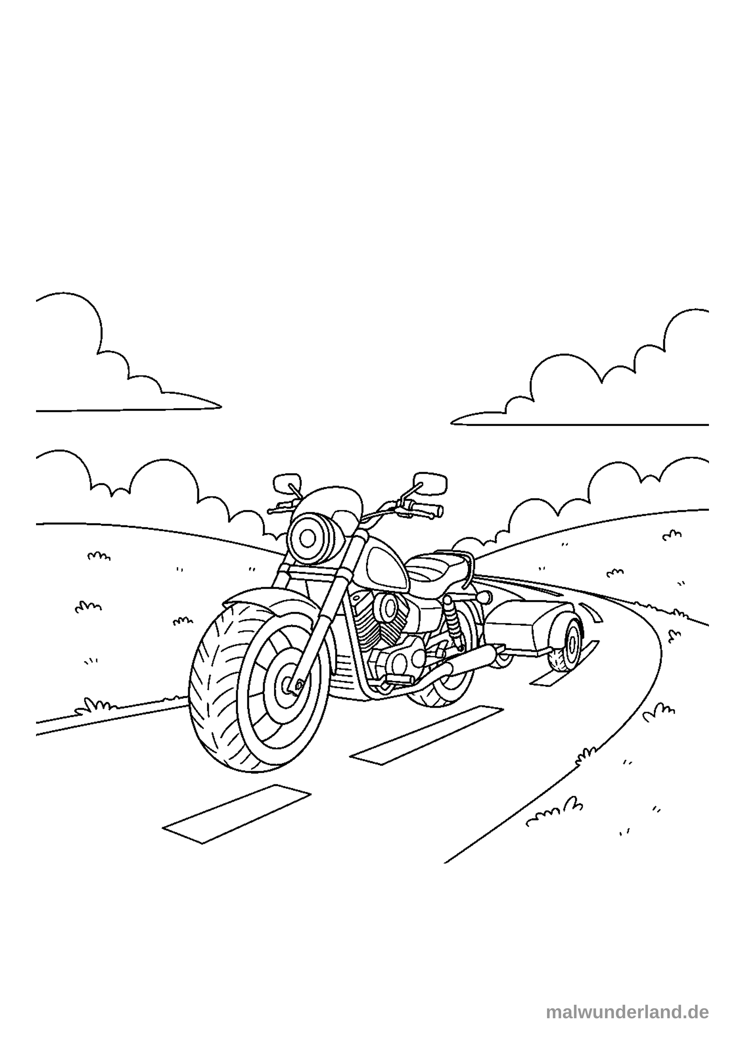 Ein Ausmalbild zeigt ein detailliertes Motorrad mit Beiwagen, das auf einer kurvigen Straße fährt. Im Hintergrund sind sanfte Hügel und Wolken am Himmel zu sehen.