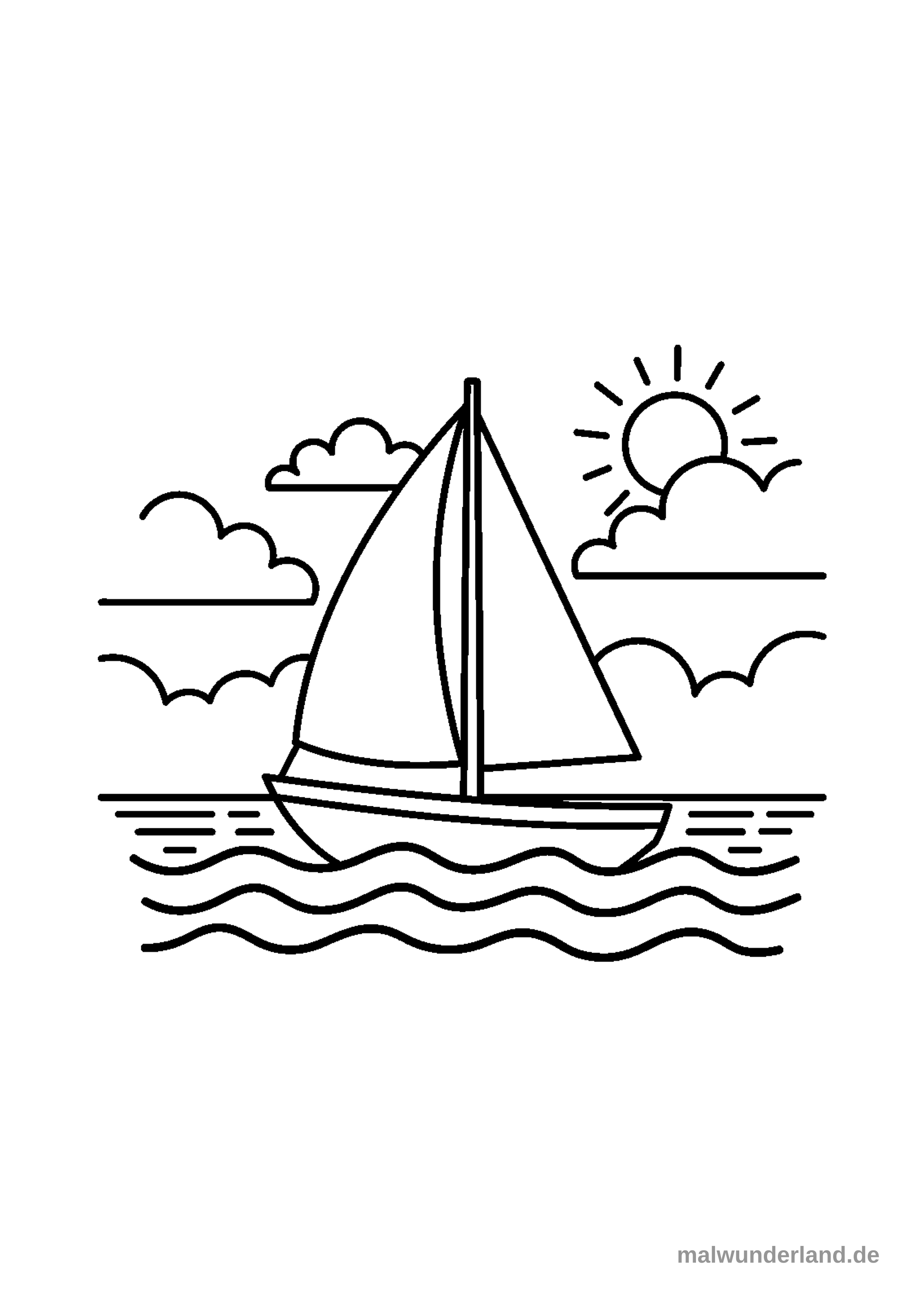 Das Bild zeigt ein einfaches Segelboot, das auf welligem Wasser fährt. Am Himmel sind mehrere Wolken und eine strahlende Sonne zu sehen.